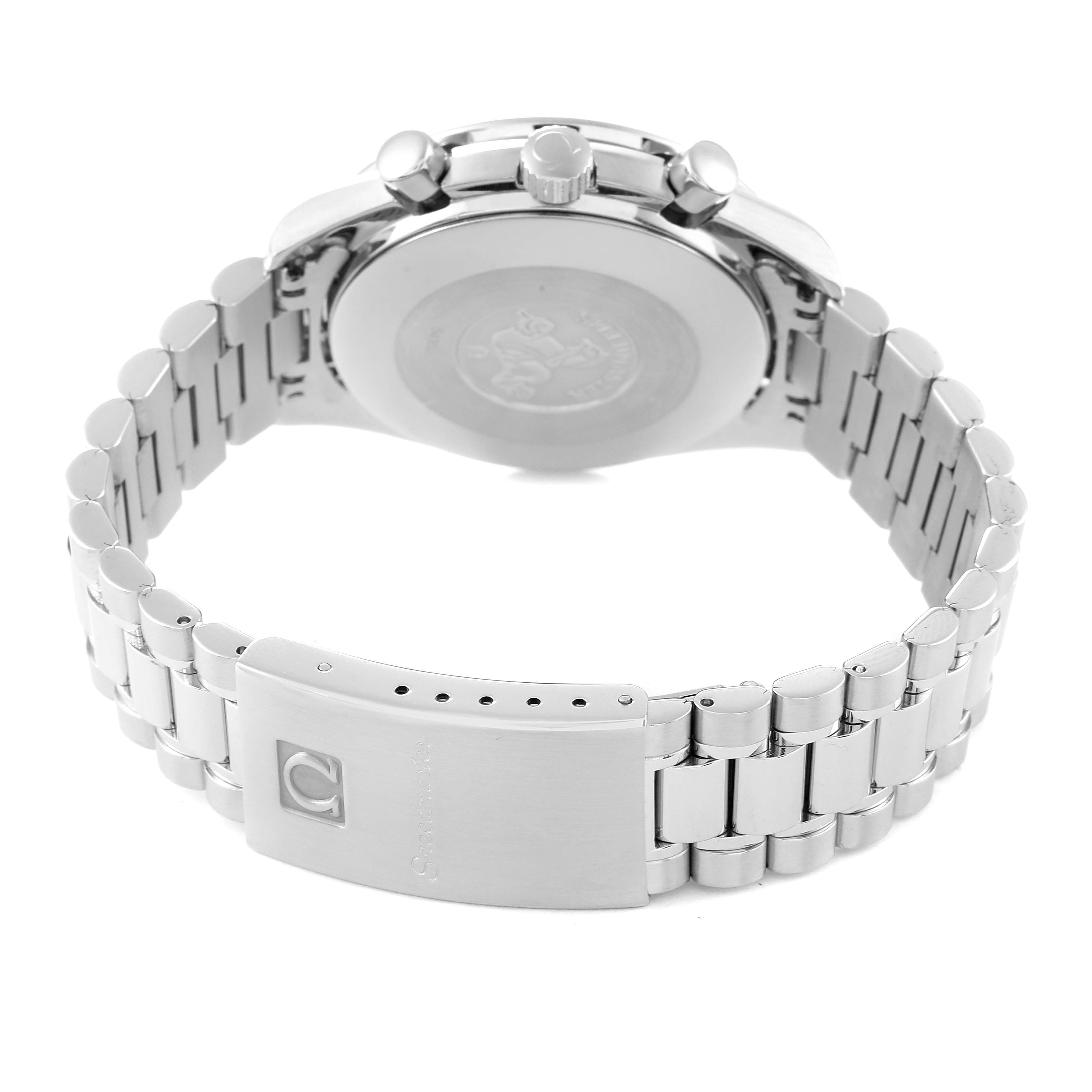 The image shows the back of an Omega Speedmaster 3510.50.00 Men
s Stainless Steel Black Dial 3510.50.00 Men
s Stainless Steel Black Dial watch, highlighting its stainless steel bracelet, clasp, and case back.