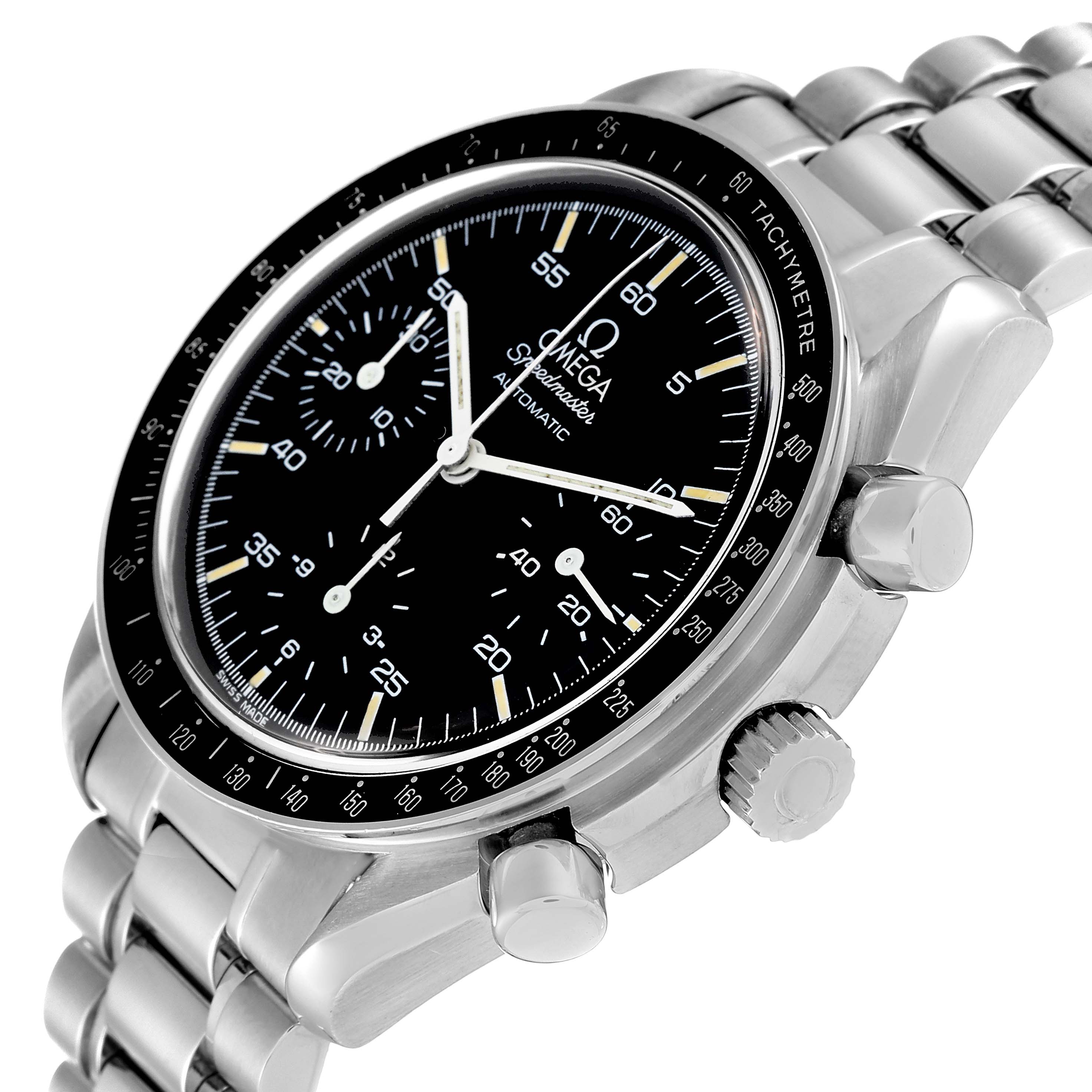 The image shows an angled close-up of the Omega Speedmaster 3510.50.00 Men
s Stainless Steel Black Dial 3510.50.00 Men
s Stainless Steel Black Dial watch, highlighting the dial, tachymeter, crown, and pushers.