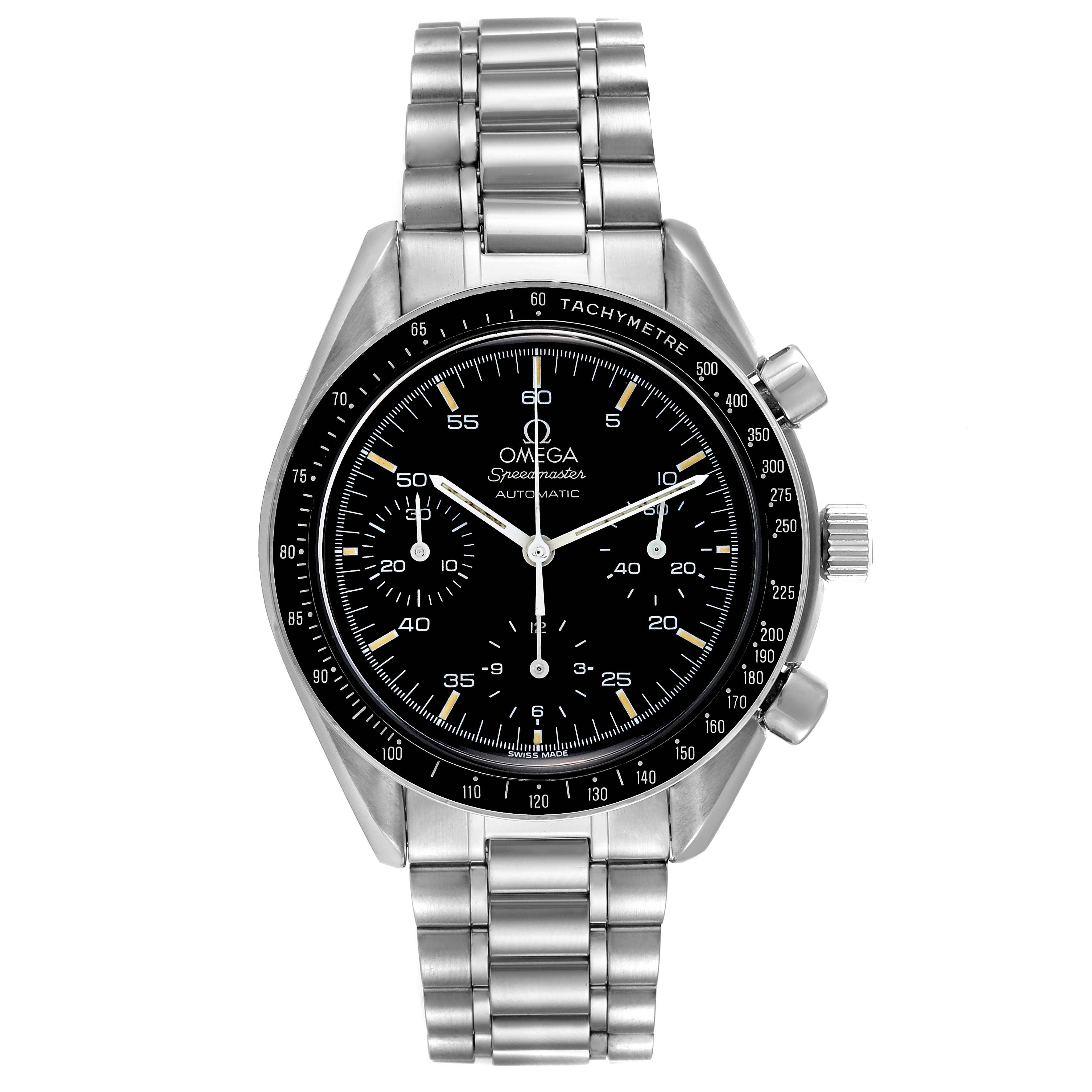 The image shows a front view of an Omega Speedmaster 3510.50.00 Men
s Stainless Steel Black Dial 3510.50.00 Men
s Stainless Steel Black Dial watch, featuring the dial, bezel, and stainless steel bracelet.