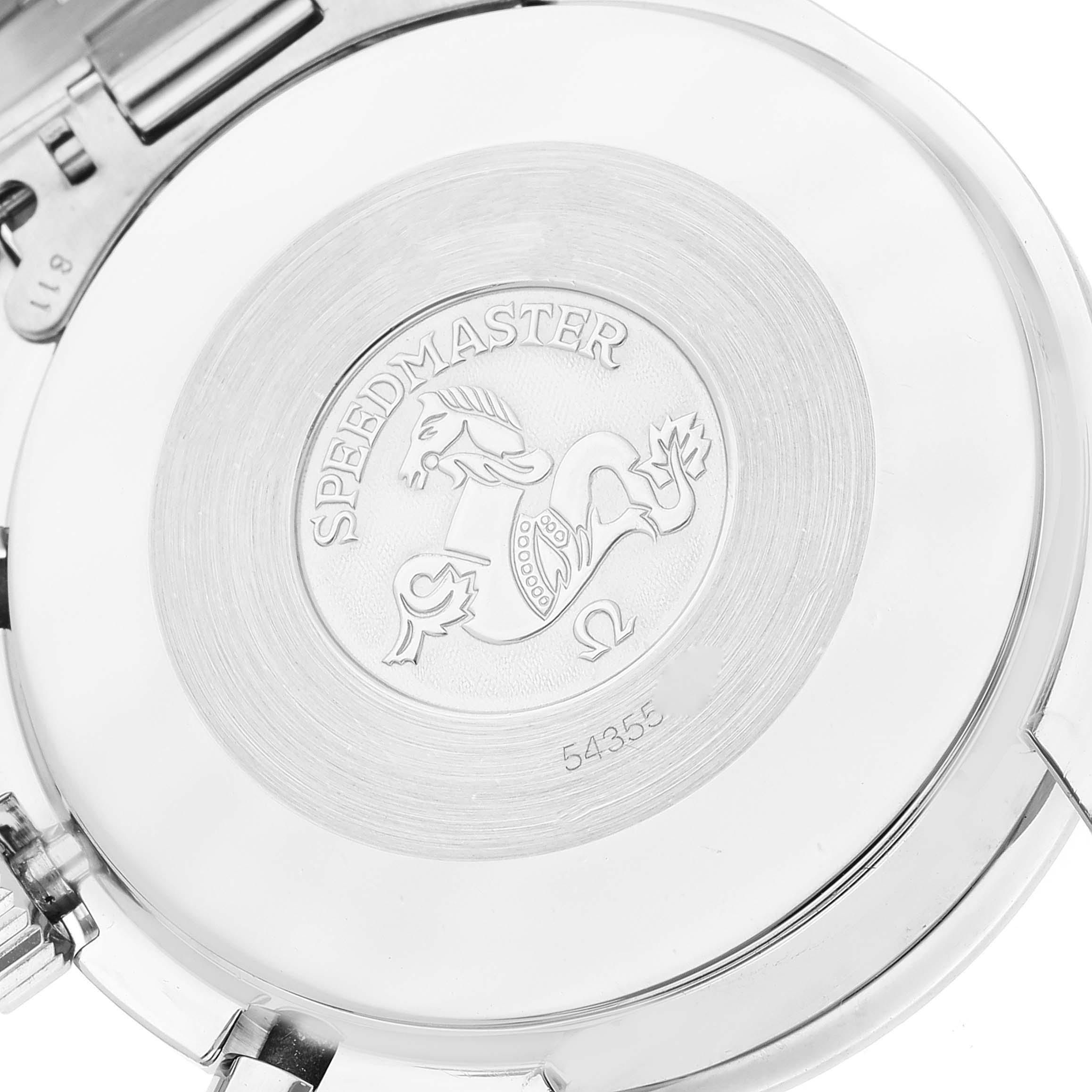 The image shows the case back of an Omega Speedmaster 3510.50.00 Men
s Stainless Steel Black Dial 3510.50.00 Men
s Stainless Steel Black Dial watch, displaying its engraving and logo.