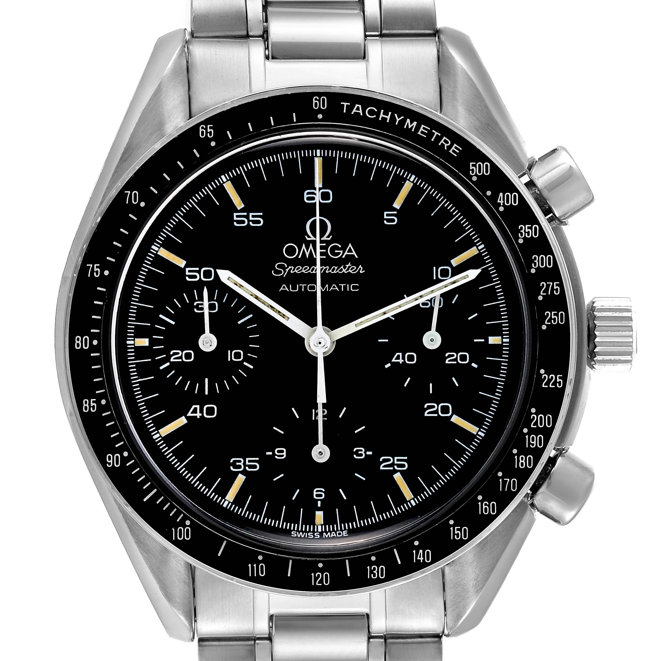 This is a close-up frontal view of an Omega Speedmaster 3510.50.00 Men
s Stainless Steel Black Dial 3510.50.00 Men
s Stainless Steel Black Dial watch, showcasing its dial, sub-dials, tachymeter bezel, and crown.