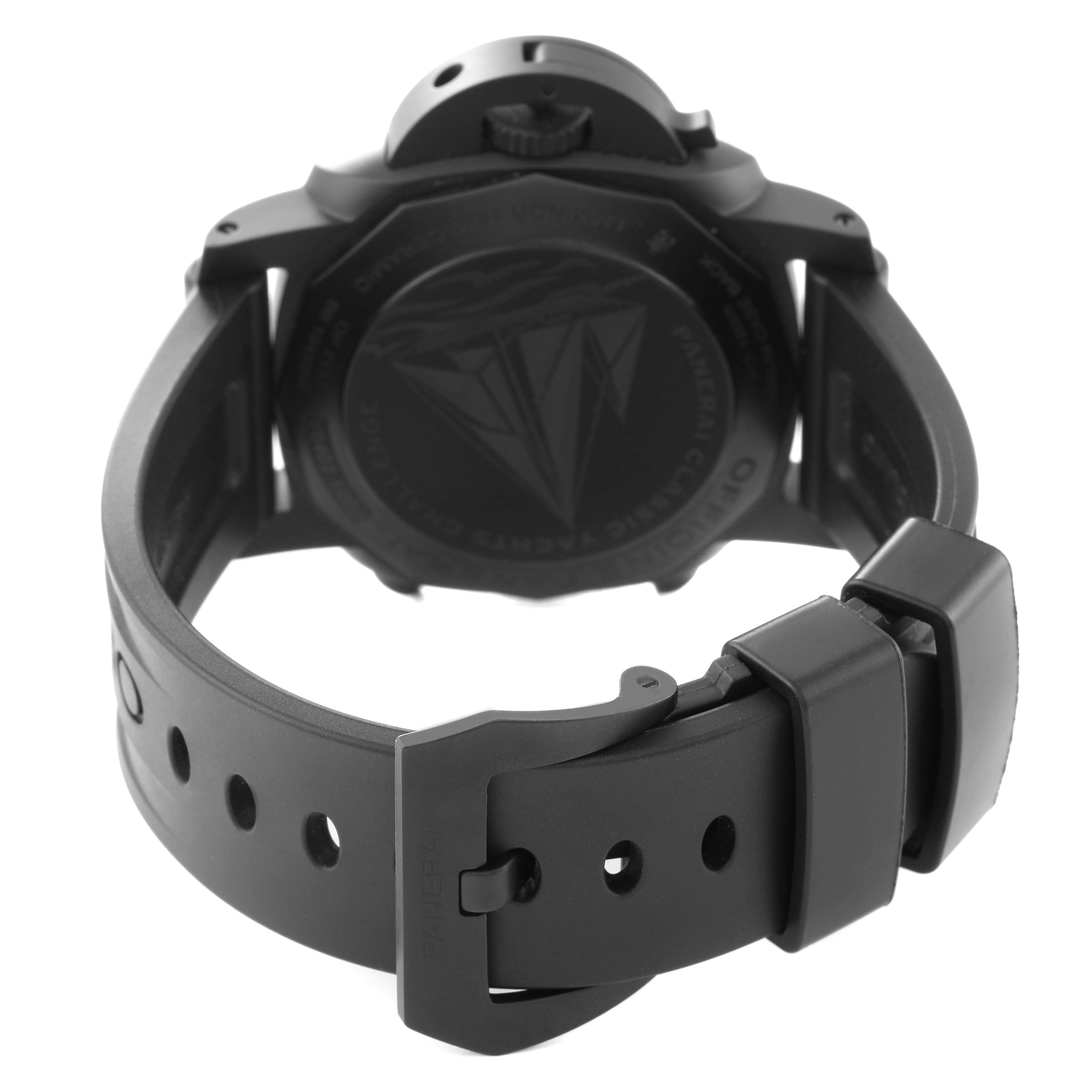 This image shows the back view of a Panerai Luminor PAM00788 Men's Ceramic Black Dial PAM00788 Men's Ceramic Black Dial watch, focusing on the case back and rubber strap with buckle.