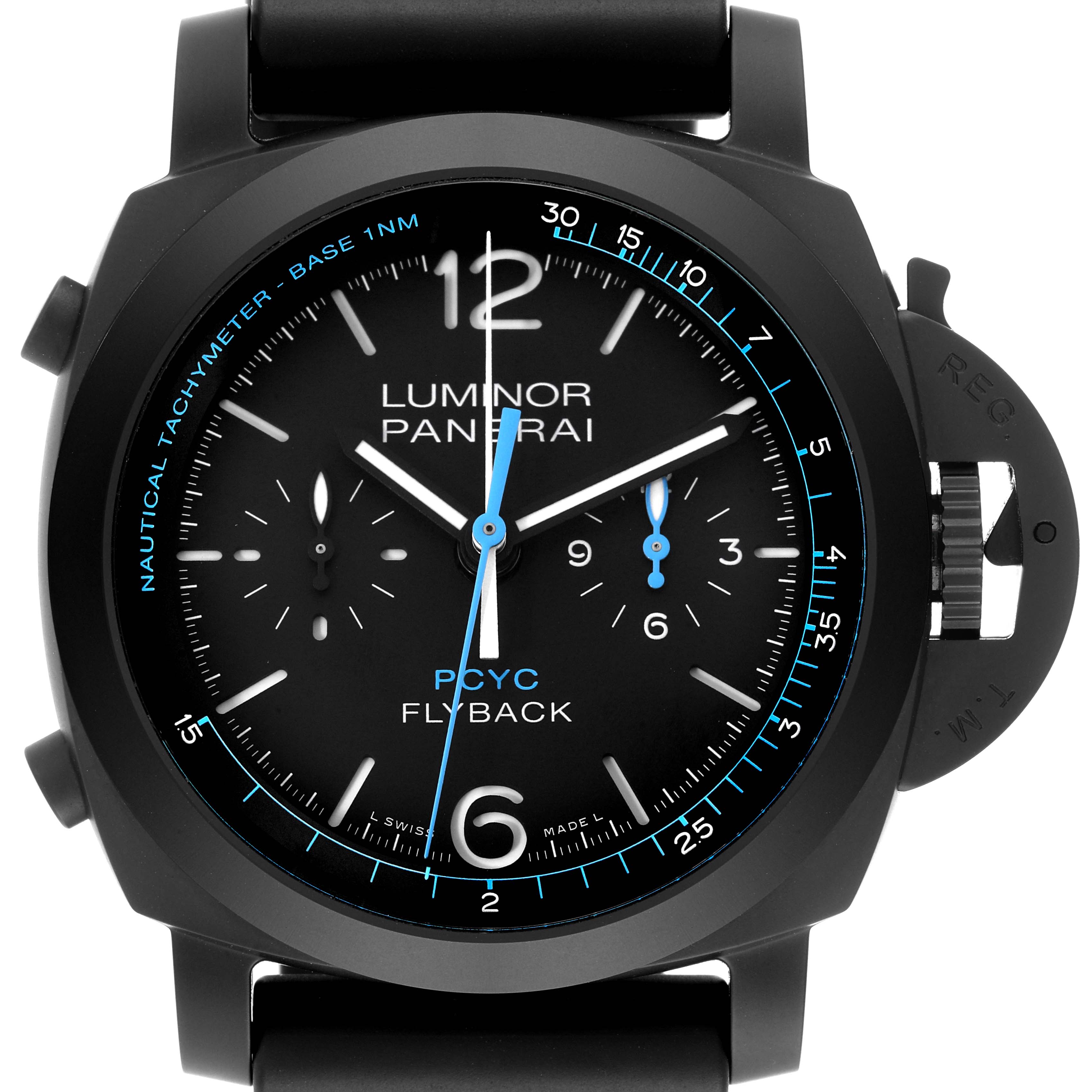 This image shows a direct front view of the Panerai Luminor PAM00788 Men's Ceramic Black Dial PAM00788 Men's Ceramic Black Dial model, displaying the watch face and its controls.