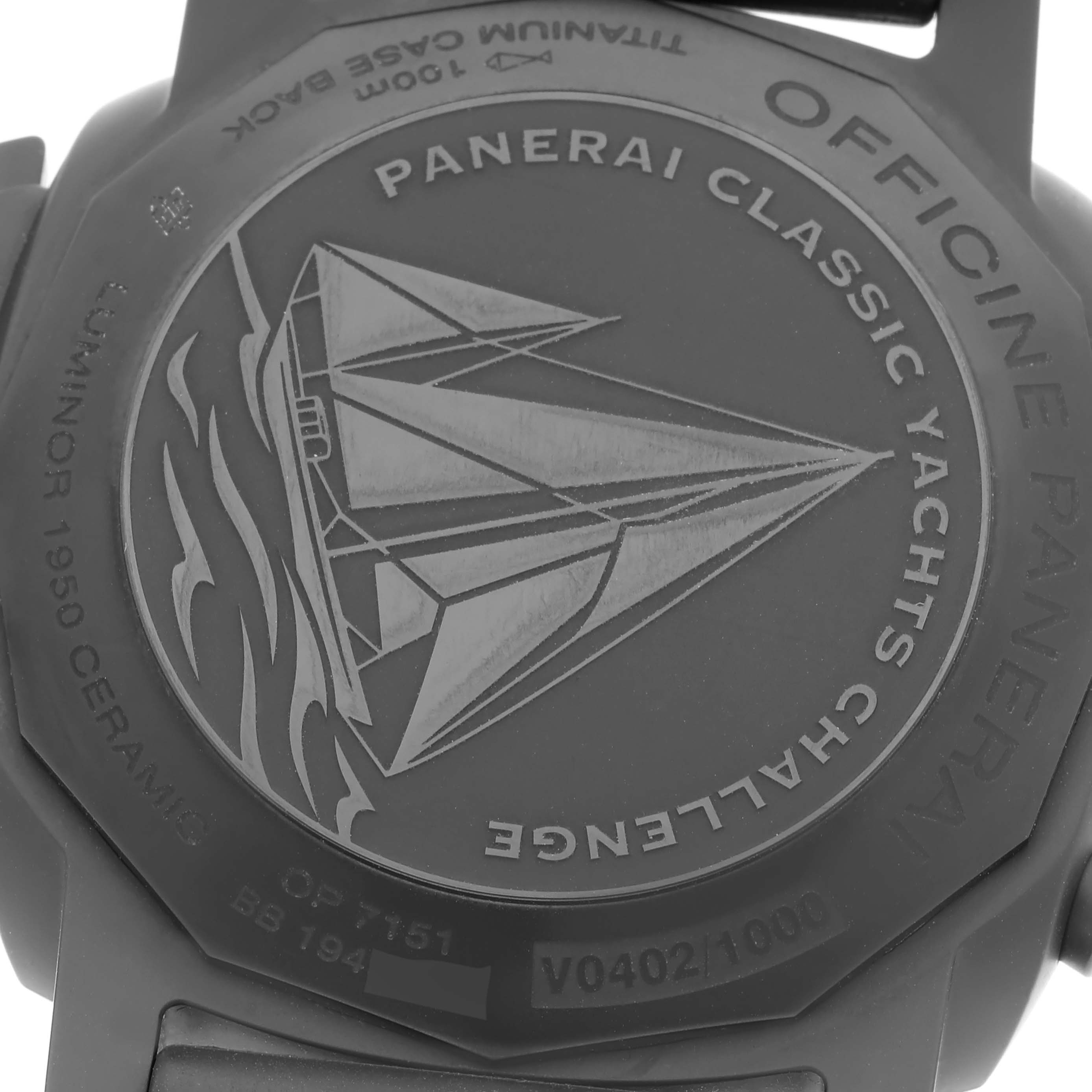 This image shows the back of a Panerai Luminor PAM00788 Men's Ceramic Black Dial PAM00788 Men's Ceramic Black Dial 1950 Ceramic watch, featuring engravings and branding details.