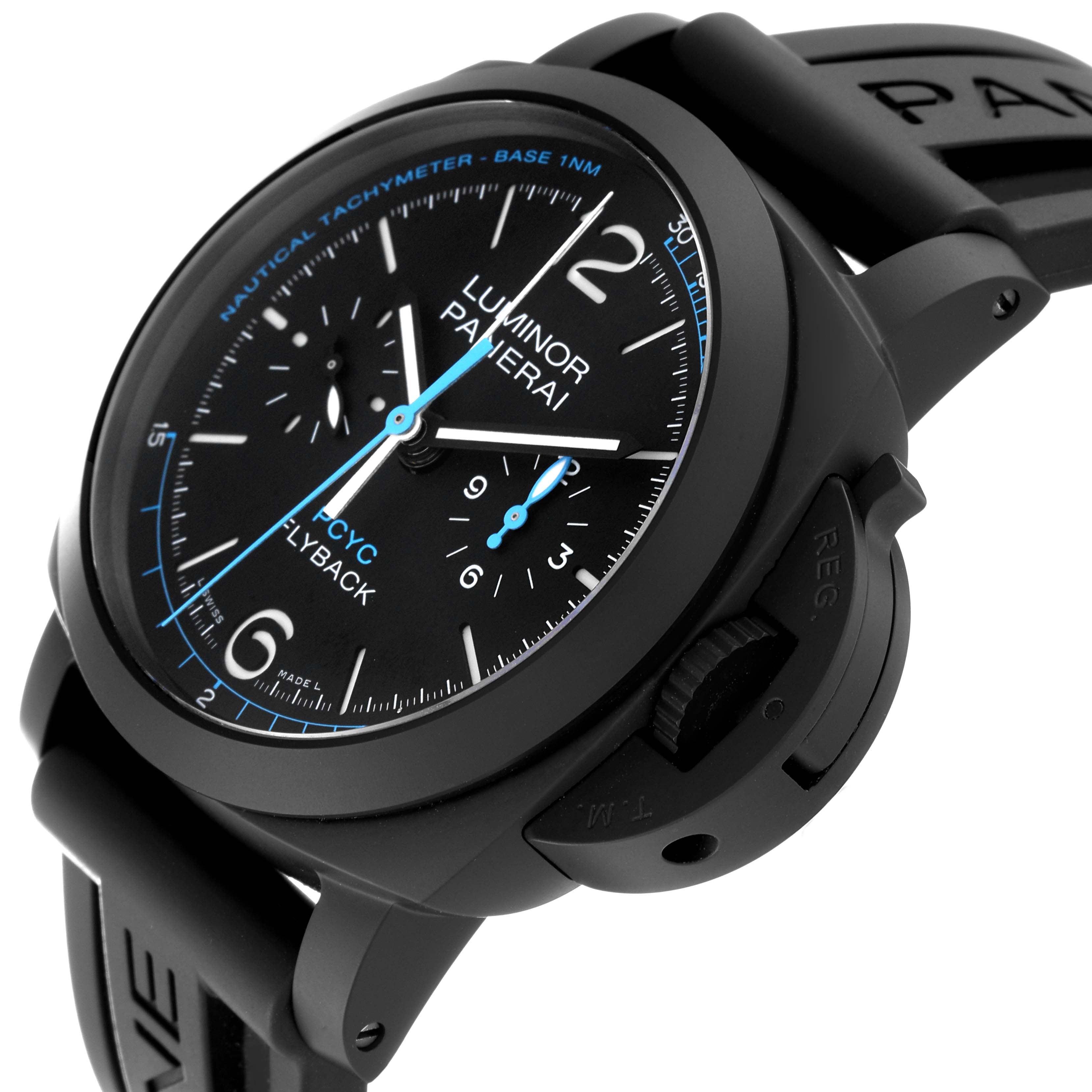 The image shows a close-up side angle of the Panerai Luminor PAM00788 Men's Ceramic Black Dial PAM00788 Men's Ceramic Black Dial model watch, highlighting the face, crown guard, and part of the strap.