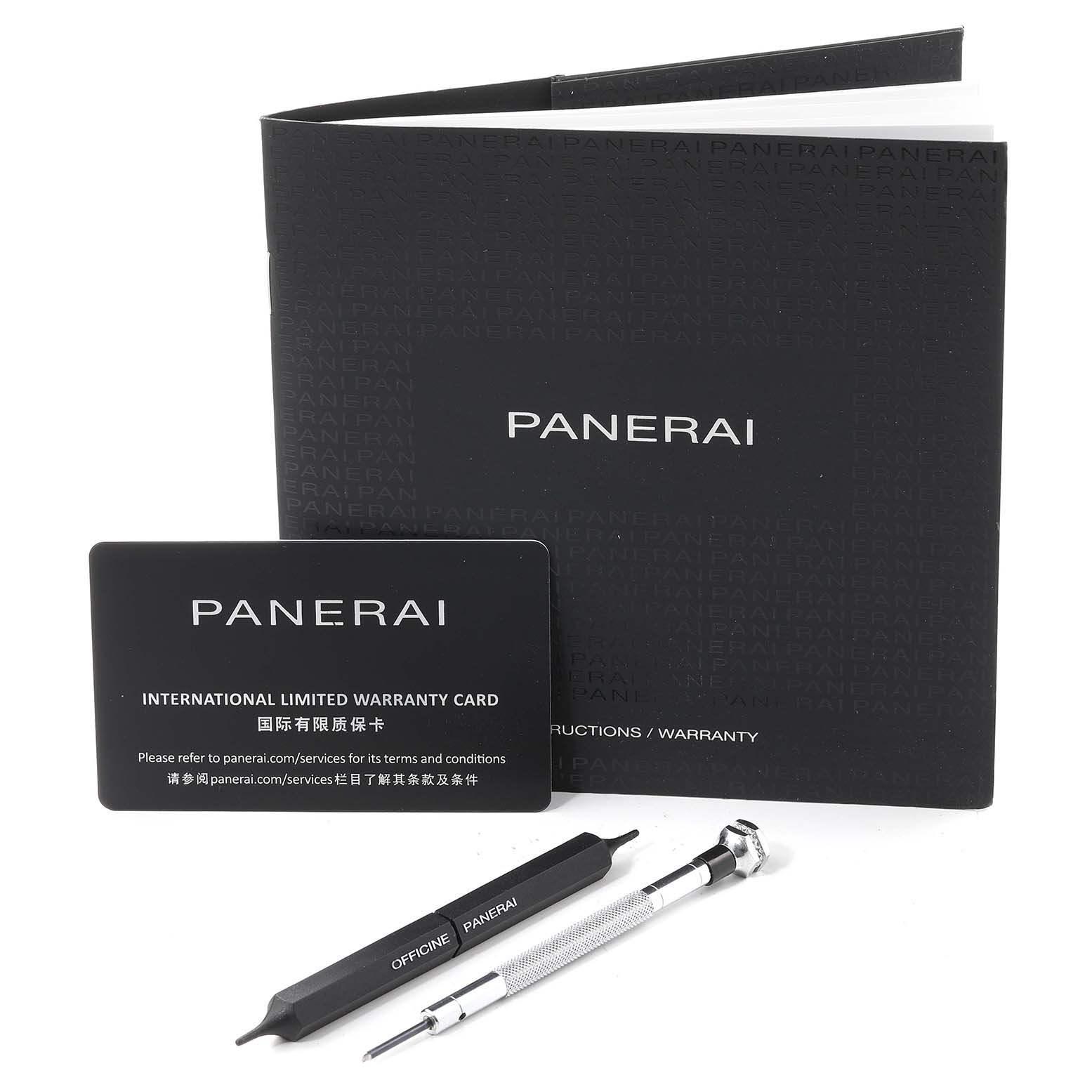 This image displays the warranty card, instruction booklet, and two tools for the Panerai Luminor PAM00788 Men's Ceramic Black Dial PAM00788 Men's Ceramic Black Dial watch model.