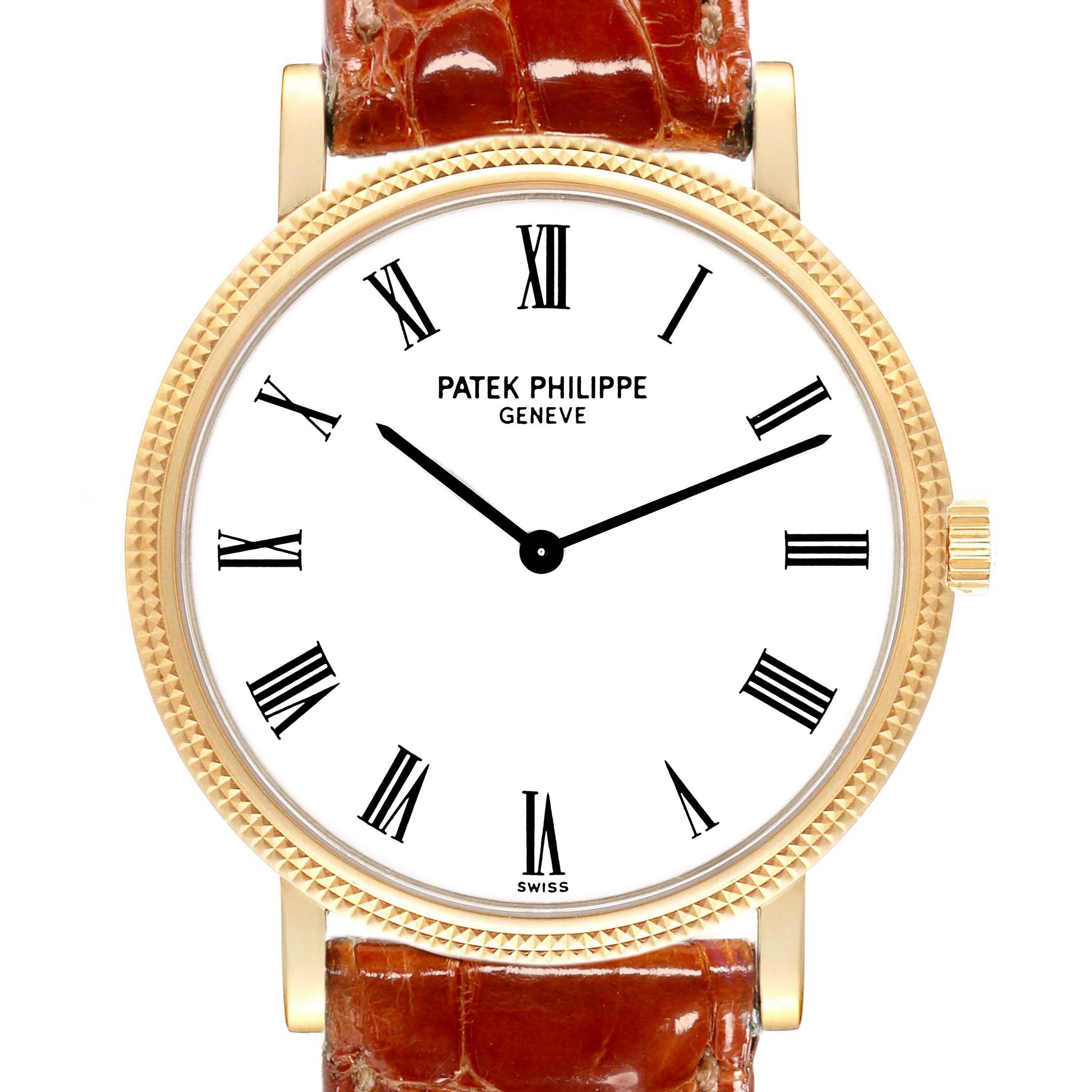 The watch is shown from a front angle, featuring the face, Roman numerals, hands, and part of the strap of the Patek Philippe Calatrava 5120J-001 Men's Yellow Gold White Dial 5120J-001 Men's Yellow Gold White Dial model.