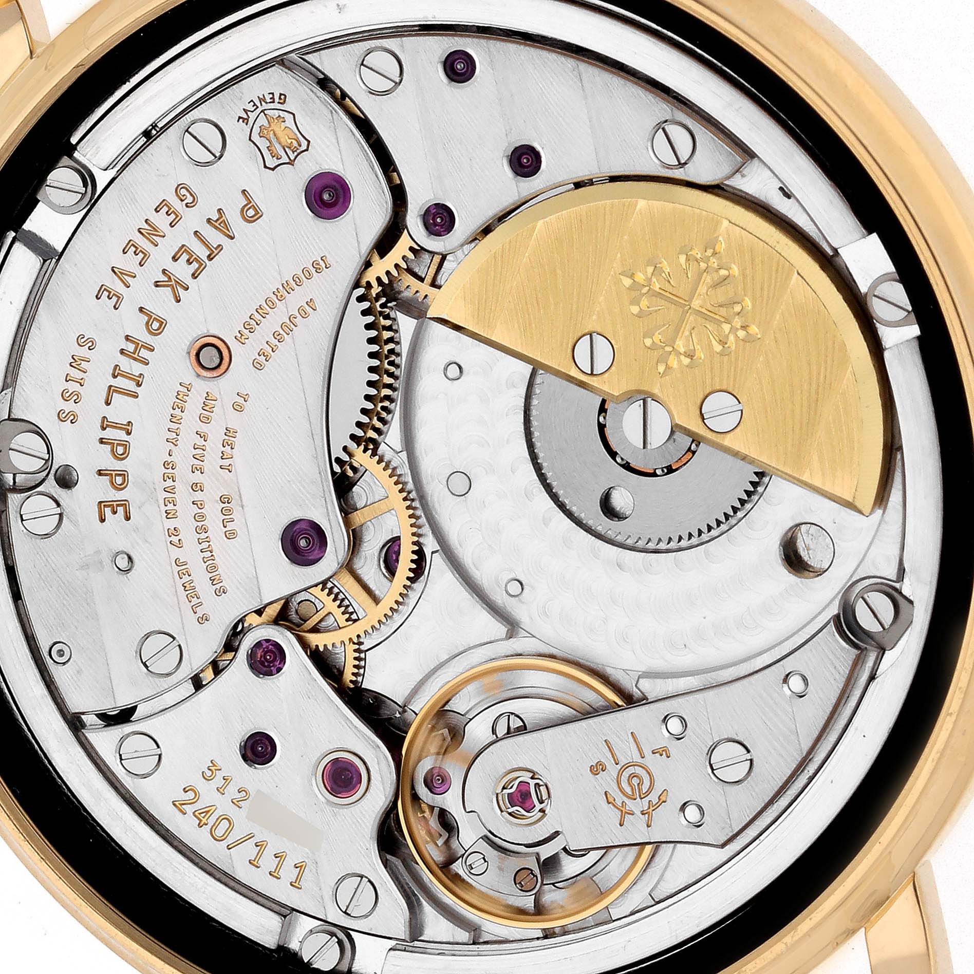This image shows the rear view of the movement mechanism of the Patek Philippe Calatrava 5120J-001 Men's Yellow Gold White Dial 5120J-001 Men's Yellow Gold White Dial watch.