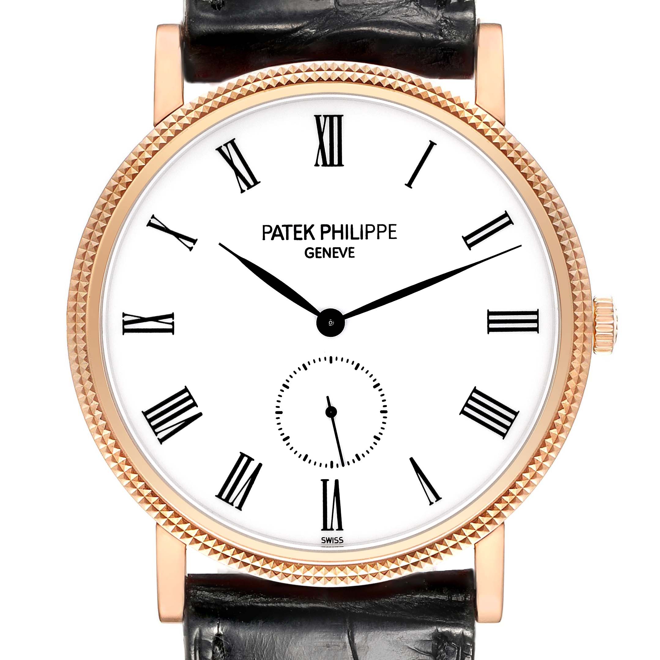 This image shows a frontal view of the Patek Philippe Calatrava 5119R-001 Men
s Rose Gold White Dial 5119R-001 Men
s Rose Gold White Dial watch, highlighting its dial, hands, bezel, and strap.
