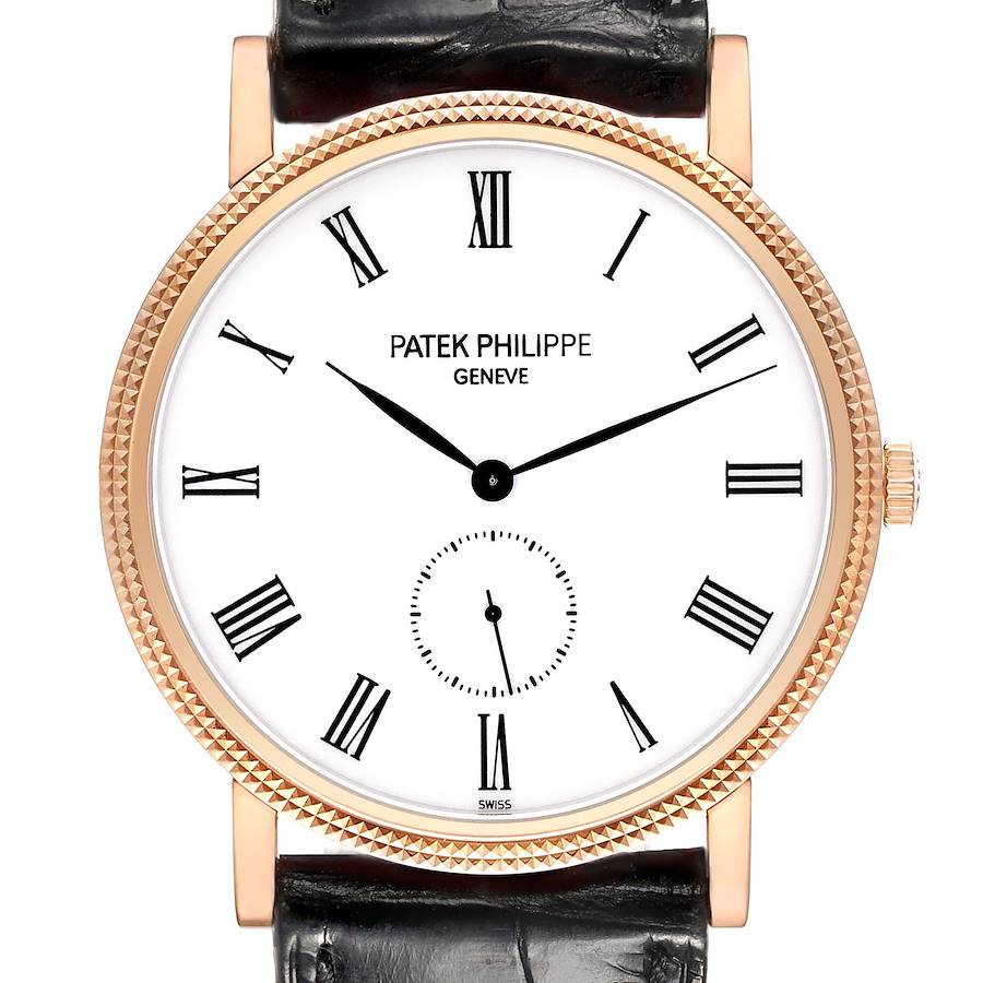 This image shows a frontal view of the Patek Philippe Calatrava watch, highlighting its dial, hands, bezel, and strap.