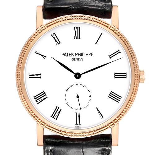 The image displays a frontal view of a Patek Philippe Calatrava watch, showcasing its dial, case, and part of the strap.