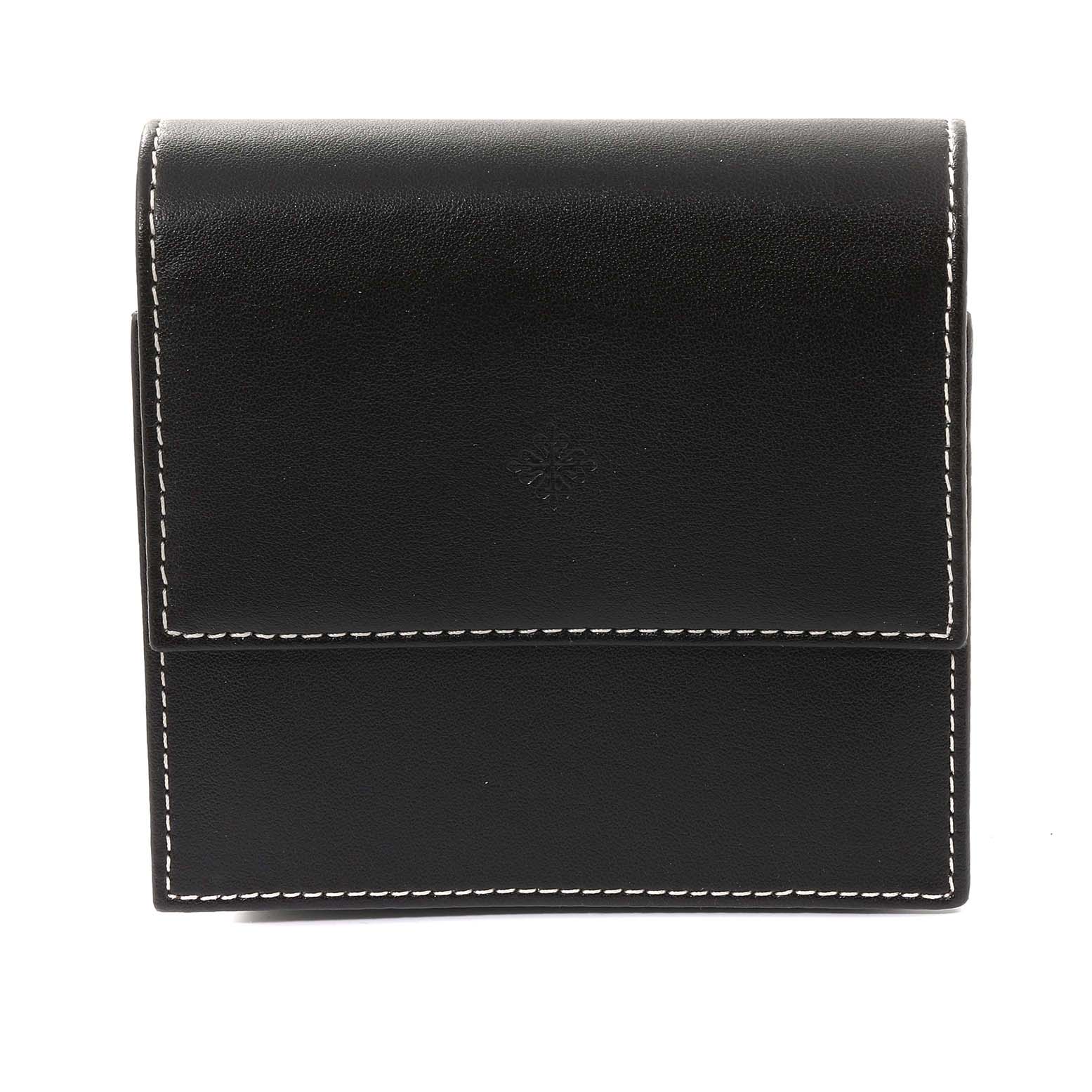 This image shows a black leather case, likely a storage accessory for the Calatrava model by Patek Philippe, viewed from the front.