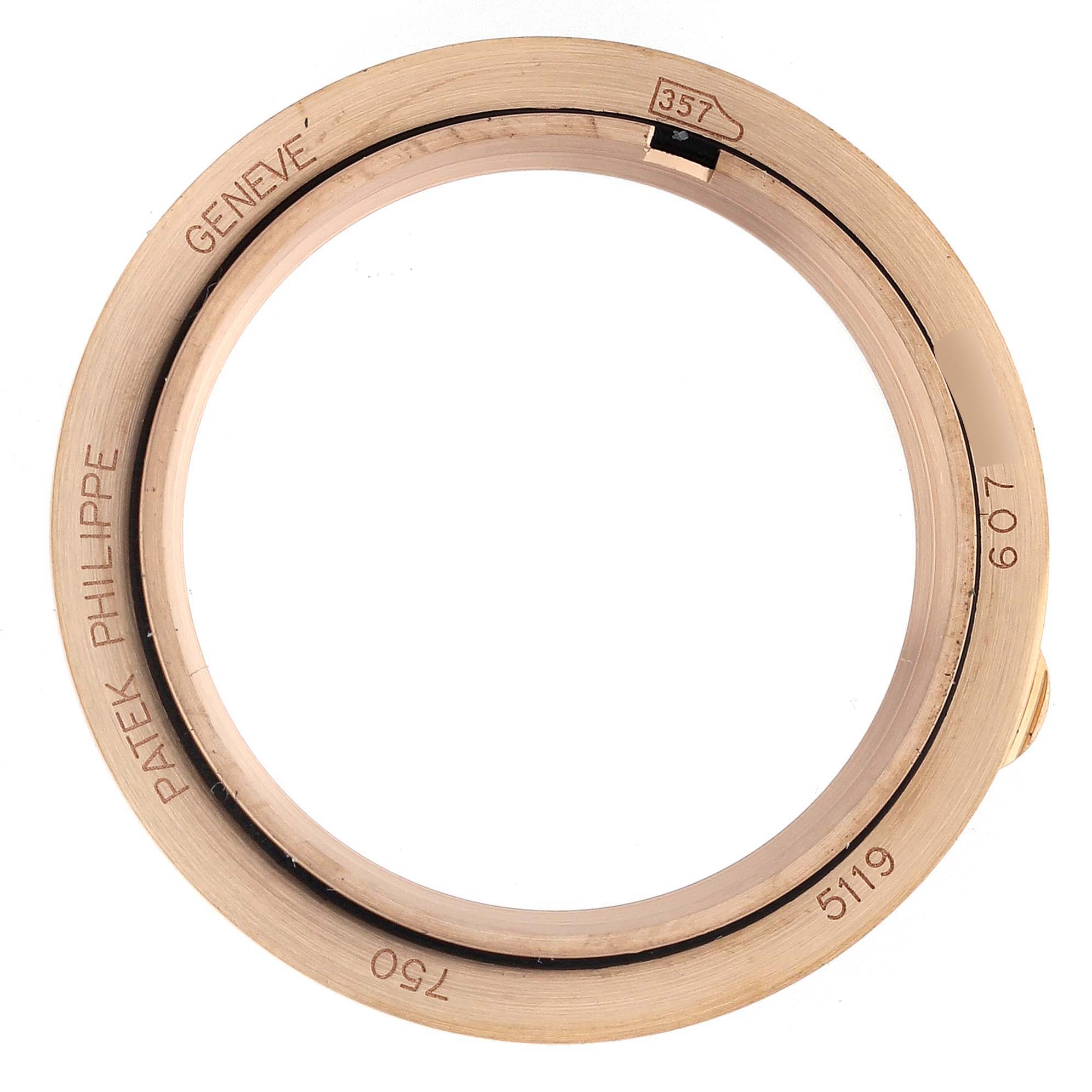 This image shows a top view of the case bezel from a Patek Philippe Calatrava 5119R-001 Men
s Rose Gold White Dial 5119R-001 Men
s Rose Gold White Dial 5119 watch.