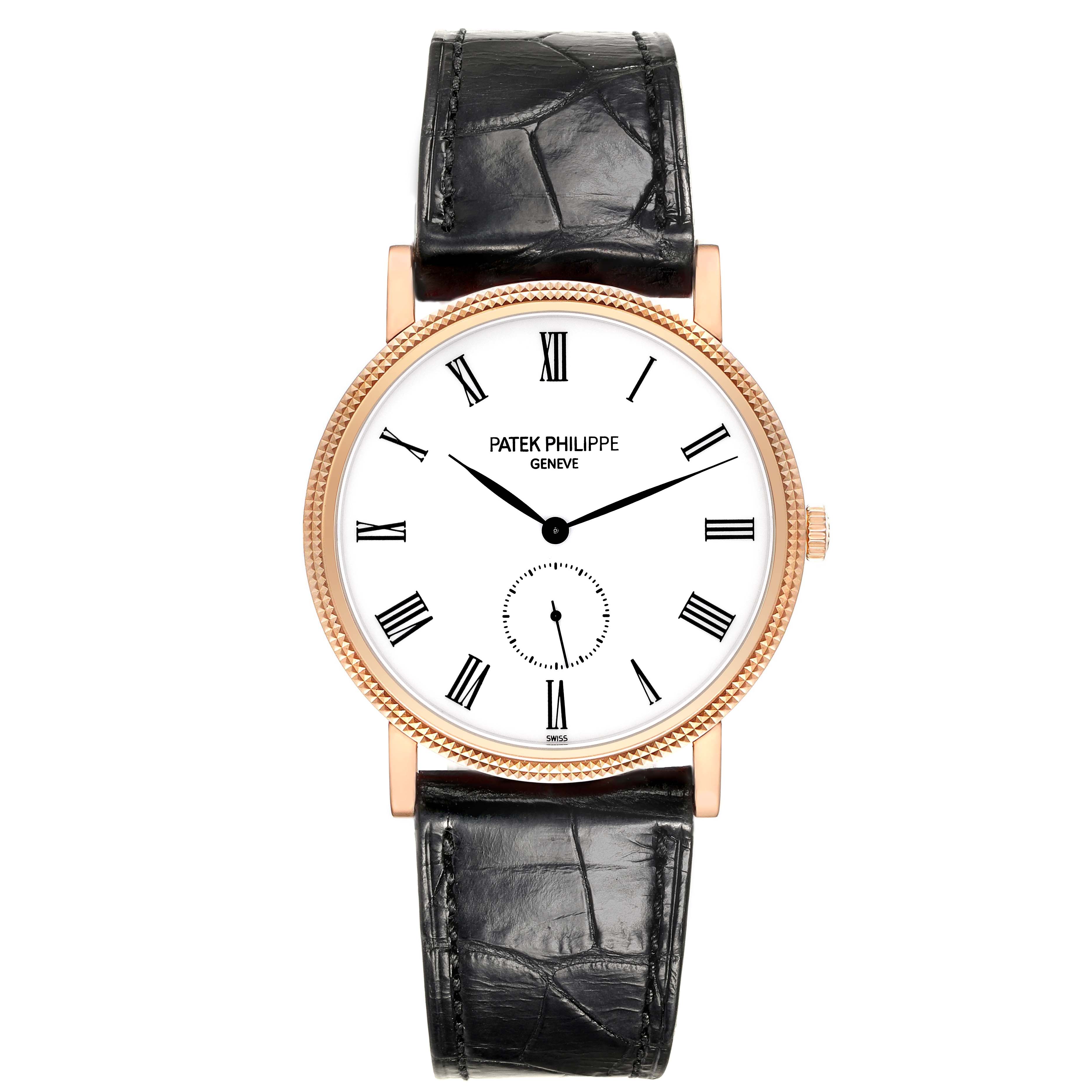 This image shows a Patek Philippe Calatrava 5119R-001 Men
s Rose Gold White Dial 5119R-001 Men
s Rose Gold White Dial watch from a top-down angle, featuring a white dial with black Roman numerals and a black leather strap.