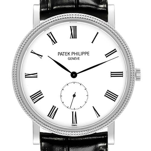 This image shows a Patek Philippe Calatrava wristwatch from a front angle, focusing on its Roman numeral dial and black leather strap.