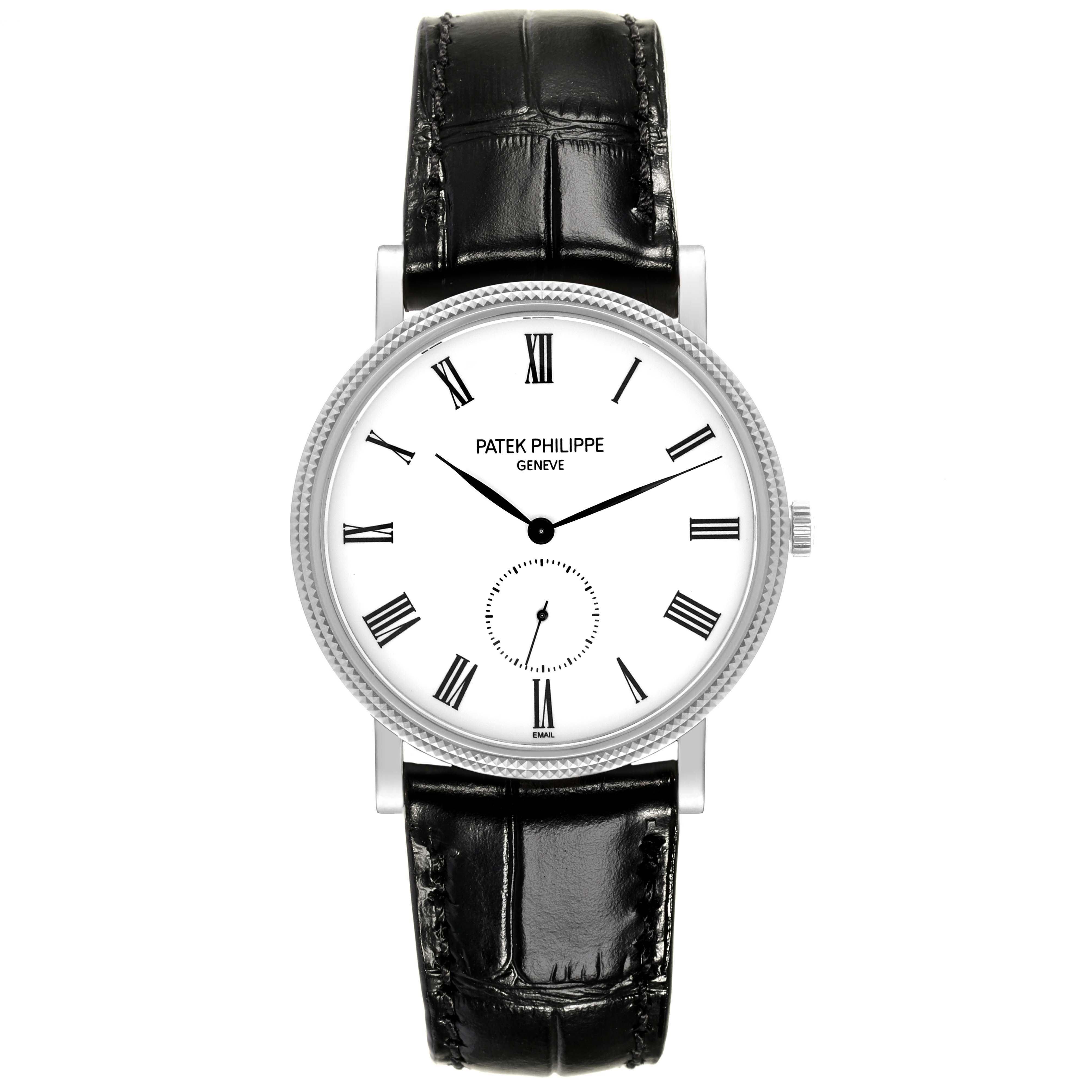 The Calatrava model by Patek Philippe is shown from a front angle, displaying its face, strap, and bezel.
