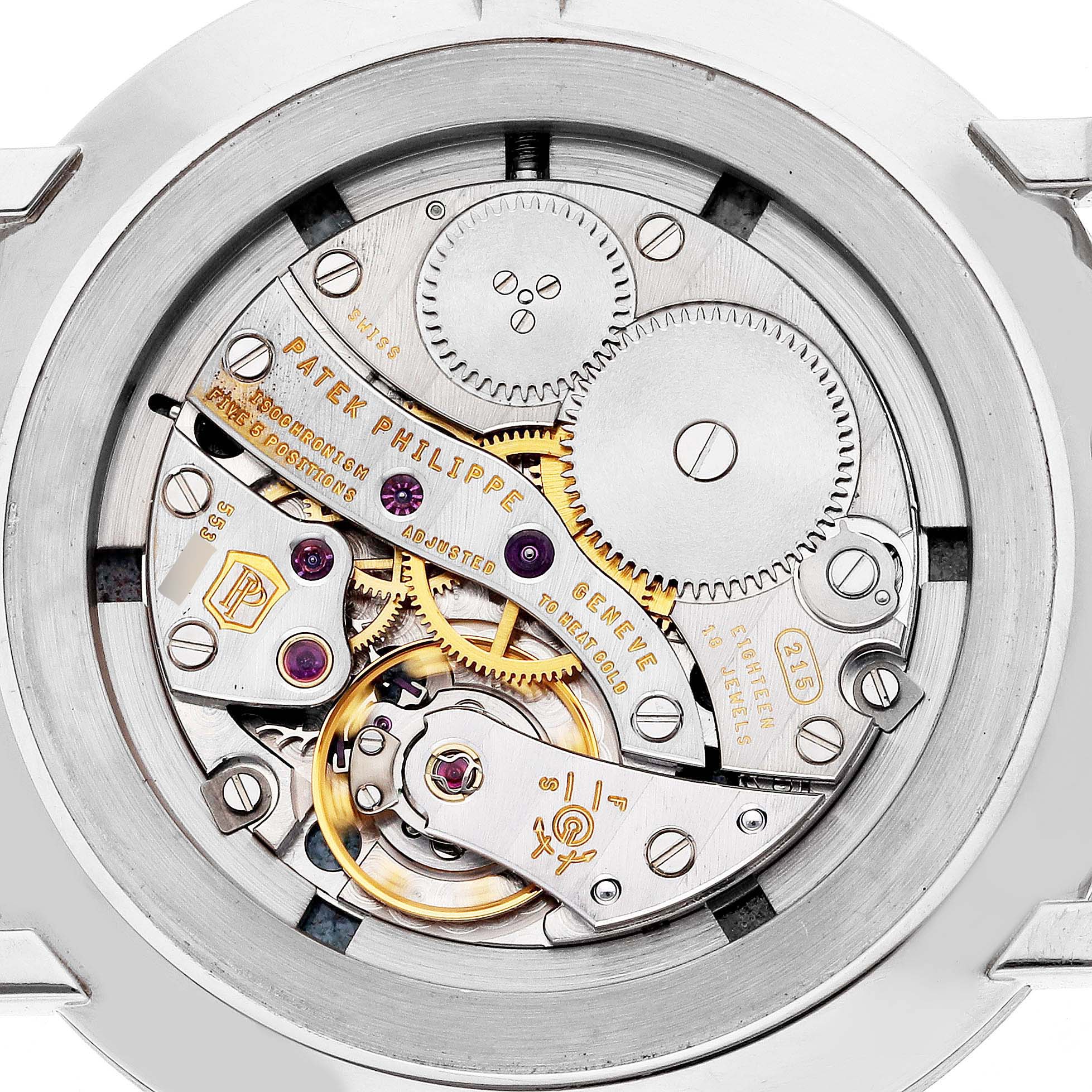 This image shows the intricate movement parts of a Patek Philippe Calatrava 5116G Men
s White Gold White Dial 5116G Men
s White Gold White Dial watch viewed from the back.