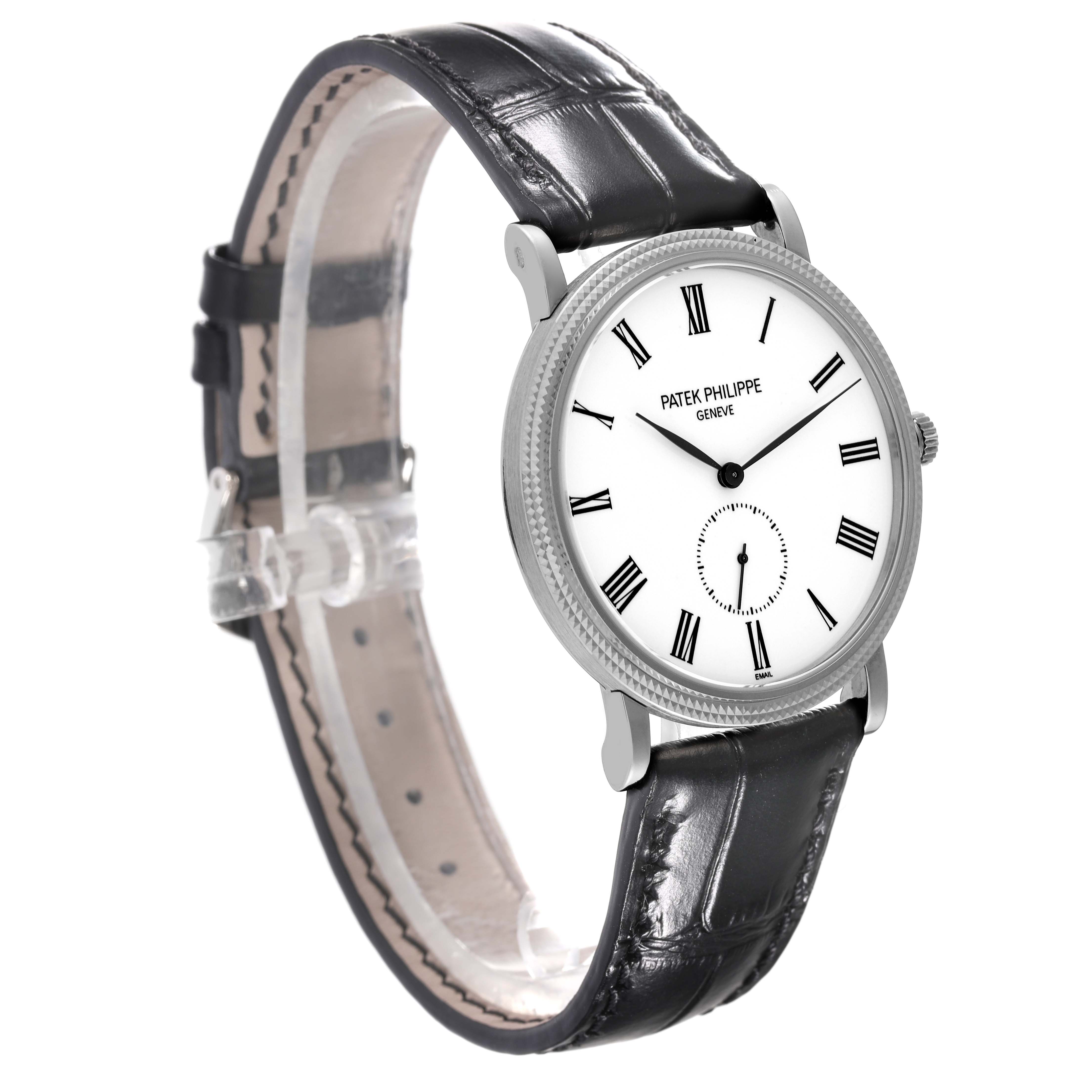 This image shows a side view of the Patek Philippe Calatrava 5116G Men
s White Gold White Dial 5116G Men
s White Gold White Dial model, highlighting its black leather strap and white dial with Roman numerals.