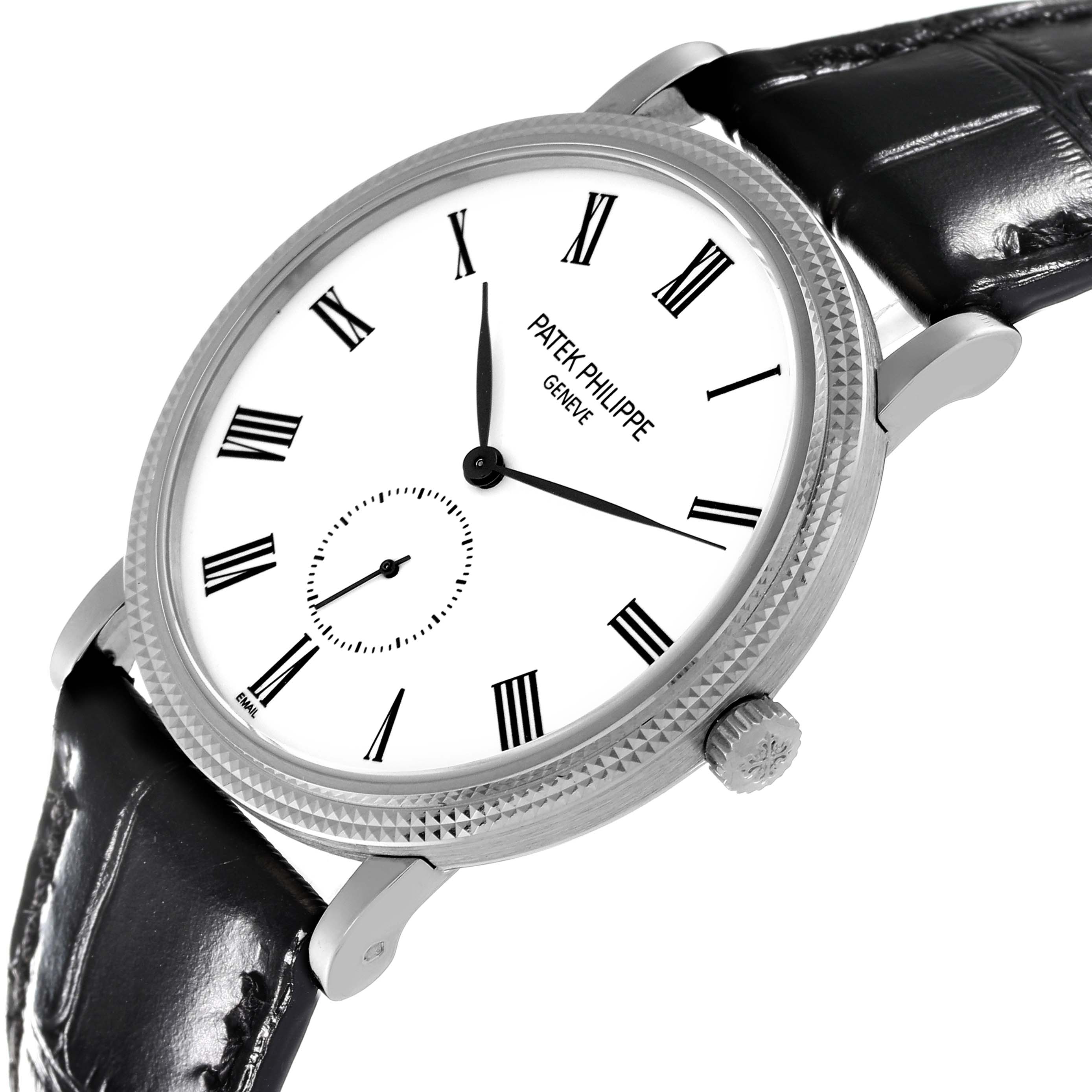 The image shows a close-up of a Patek Philippe Calatrava 5116G Men
s White Gold White Dial 5116G Men
s White Gold White Dial watch, displaying its face, bezel, crown, and part of the leather strap.