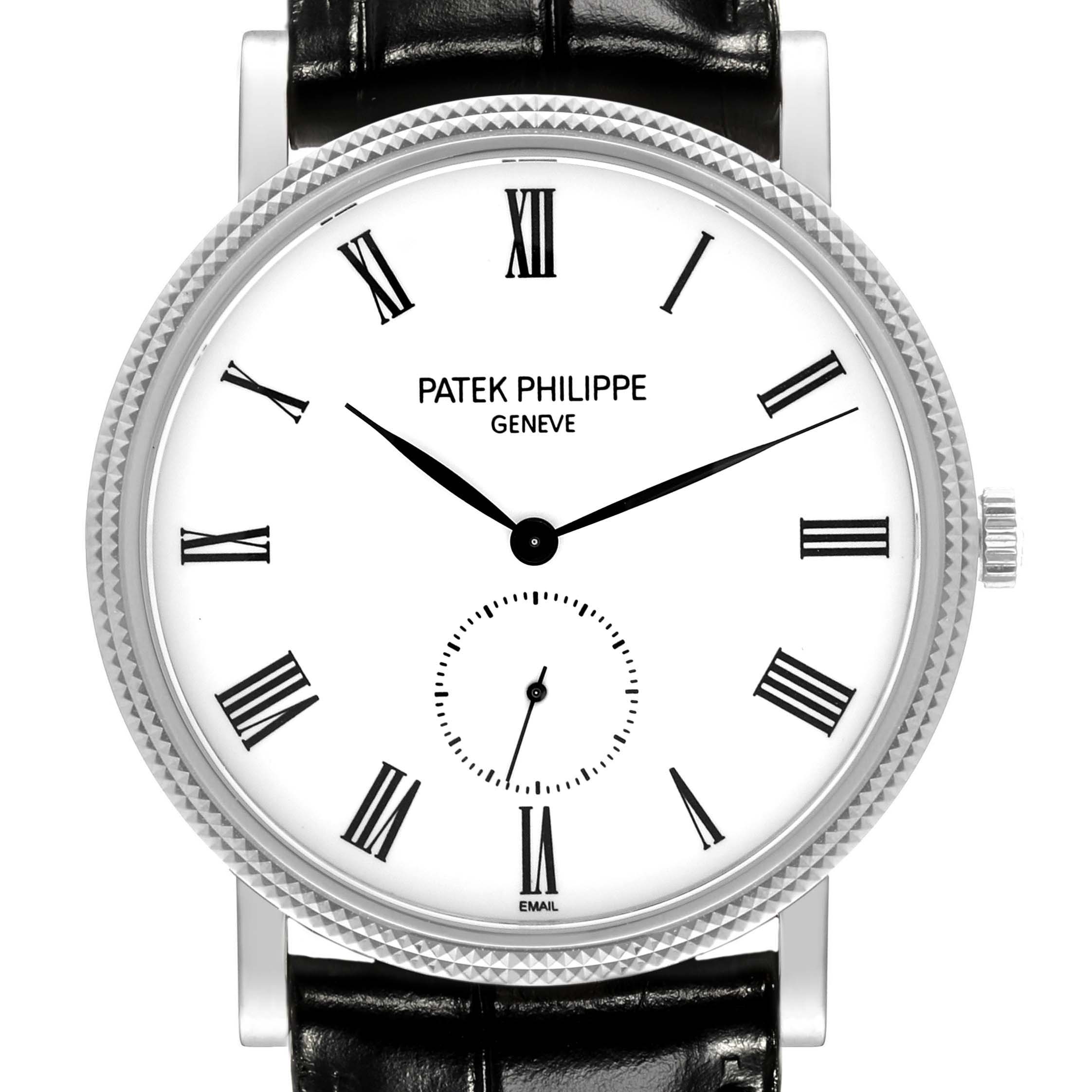 This Patek Philippe Calatrava 5116G Men
s White Gold White Dial 5116G Men
s White Gold White Dial watch is shown from the front, displaying its face, dial, and part of the leather strap.