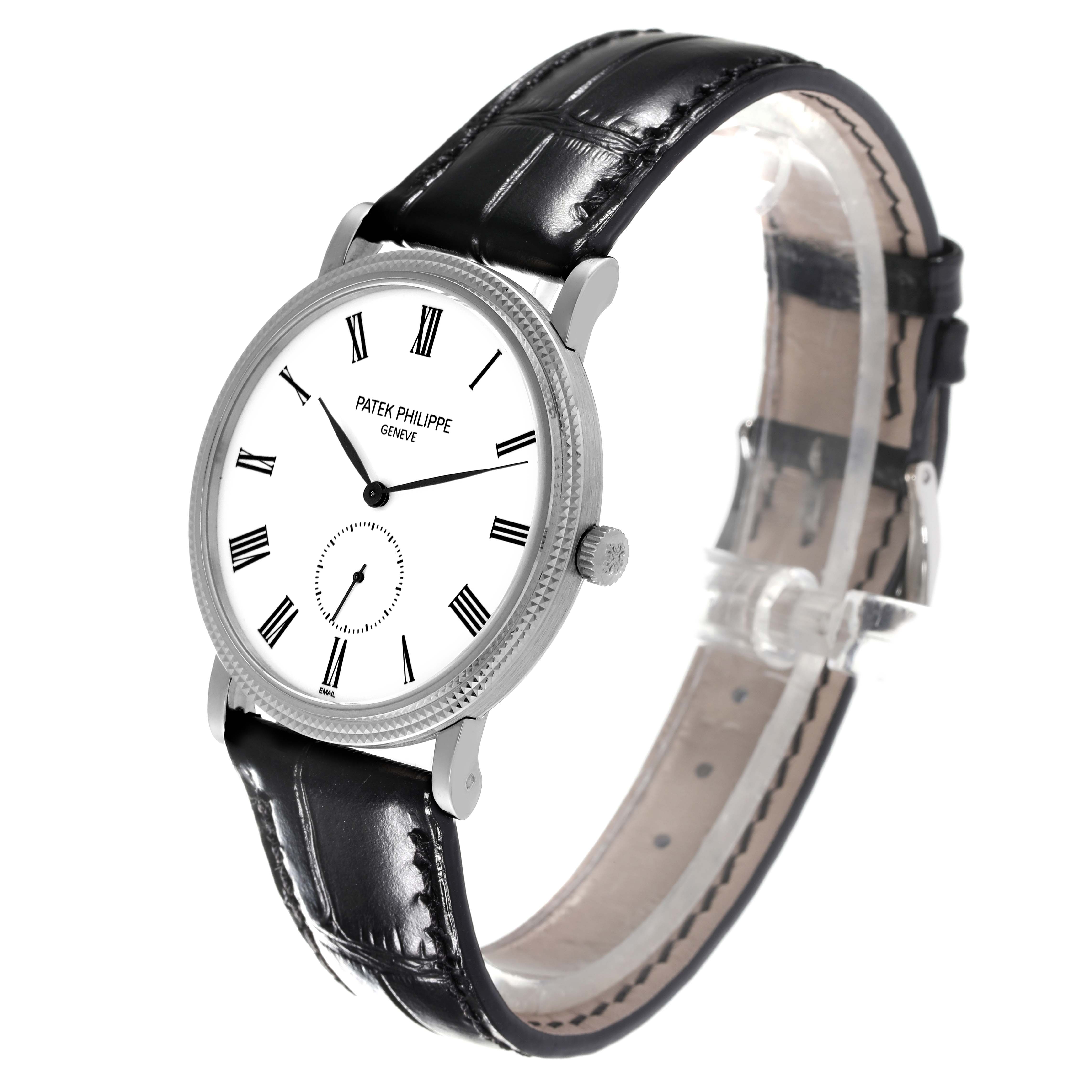 The image shows a side-angle view of the Patek Philippe Calatrava 5116G Men
s White Gold White Dial 5116G Men
s White Gold White Dial watch, highlighting the dial, case, and leather strap.