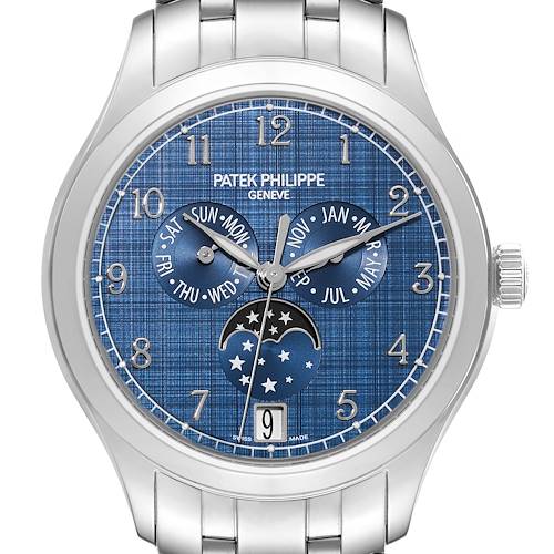 This Complications model by Patek Philippe is shown from the front, highlighting its blue dial with moon phase, date, day, and month indicators.