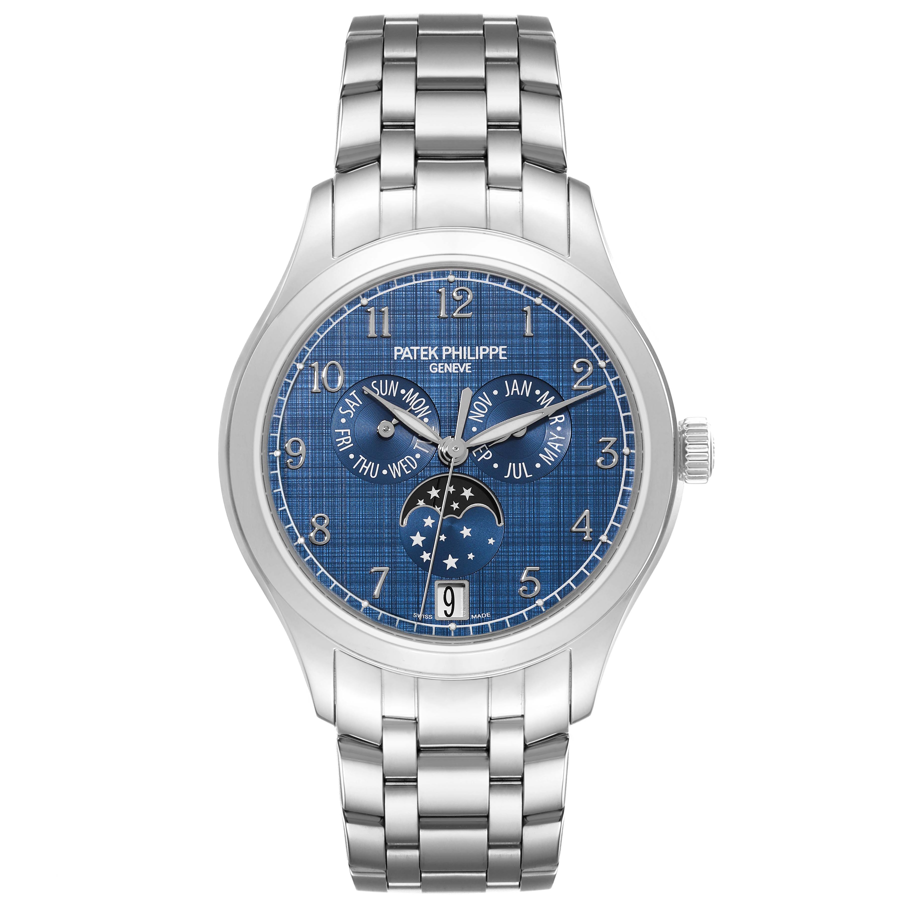 The image shows a frontal view of a Patek Philippe Complications 4947/1A-001 Men's Stainless Steel Blue Dial 4947/1A-001 Men's Stainless Steel Blue Dial model, displaying the dial, case, and metal bracelet.