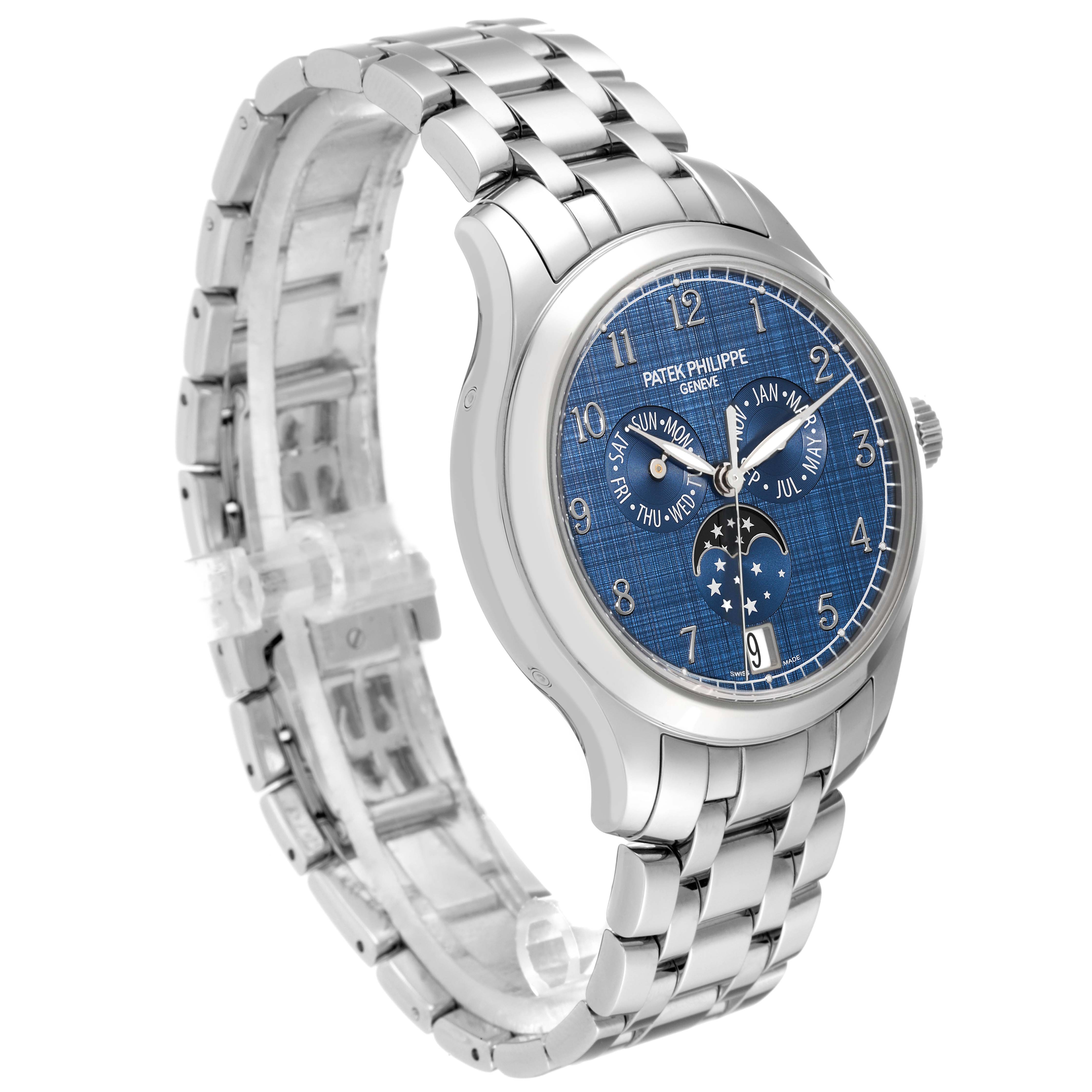 The image shows a Patek Philippe Complications 4947/1A-001 Men's Stainless Steel Blue Dial 4947/1A-001 Men's Stainless Steel Blue Dial model watch from a left-side angle, highlighting the bracelet and multi-function dial.