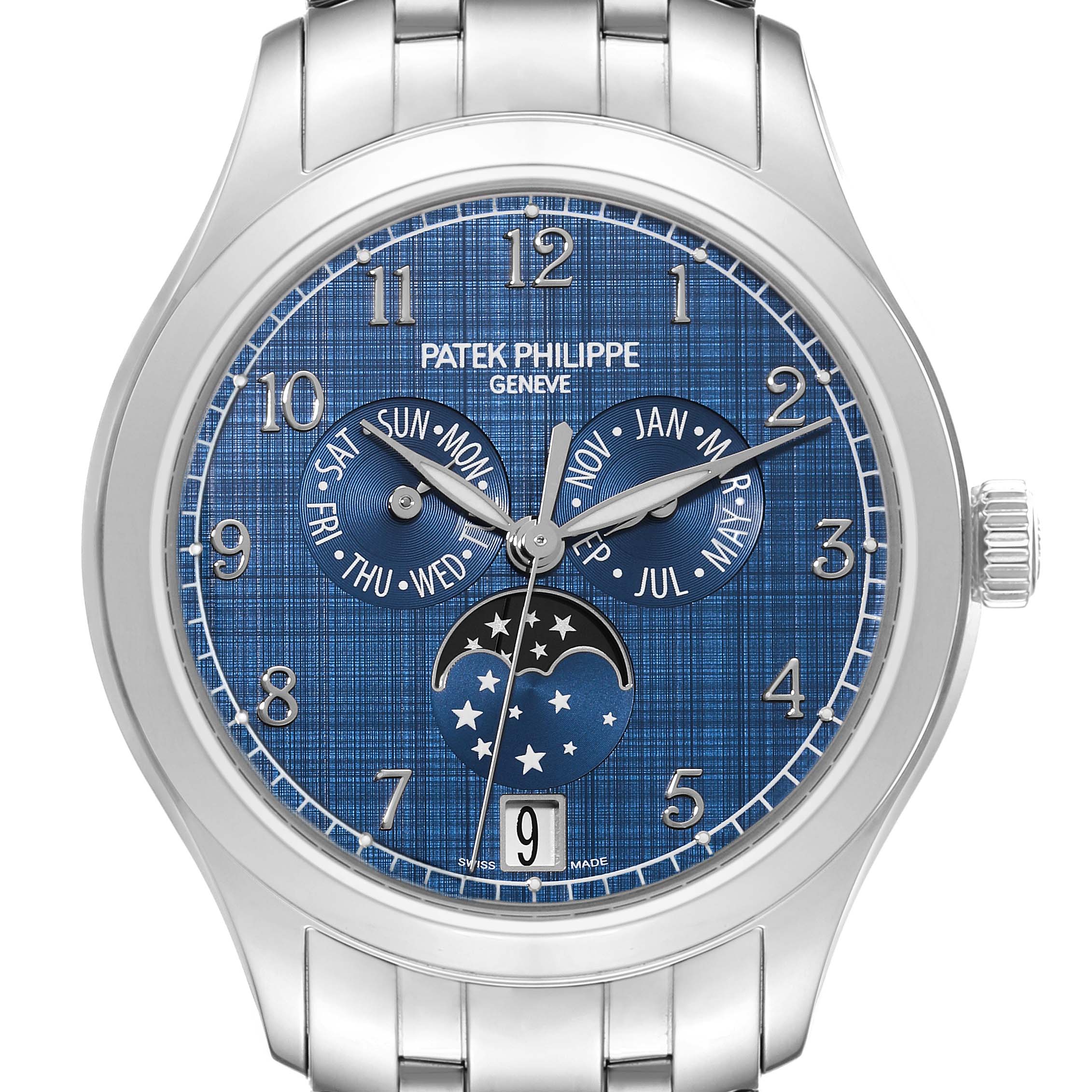 The image shows a front view of the Patek Philippe Complications 4947/1A-001 Men's Stainless Steel Blue Dial 4947/1A-001 Men's Stainless Steel Blue Dial model, displaying the complete watch face and part of the bracelet.