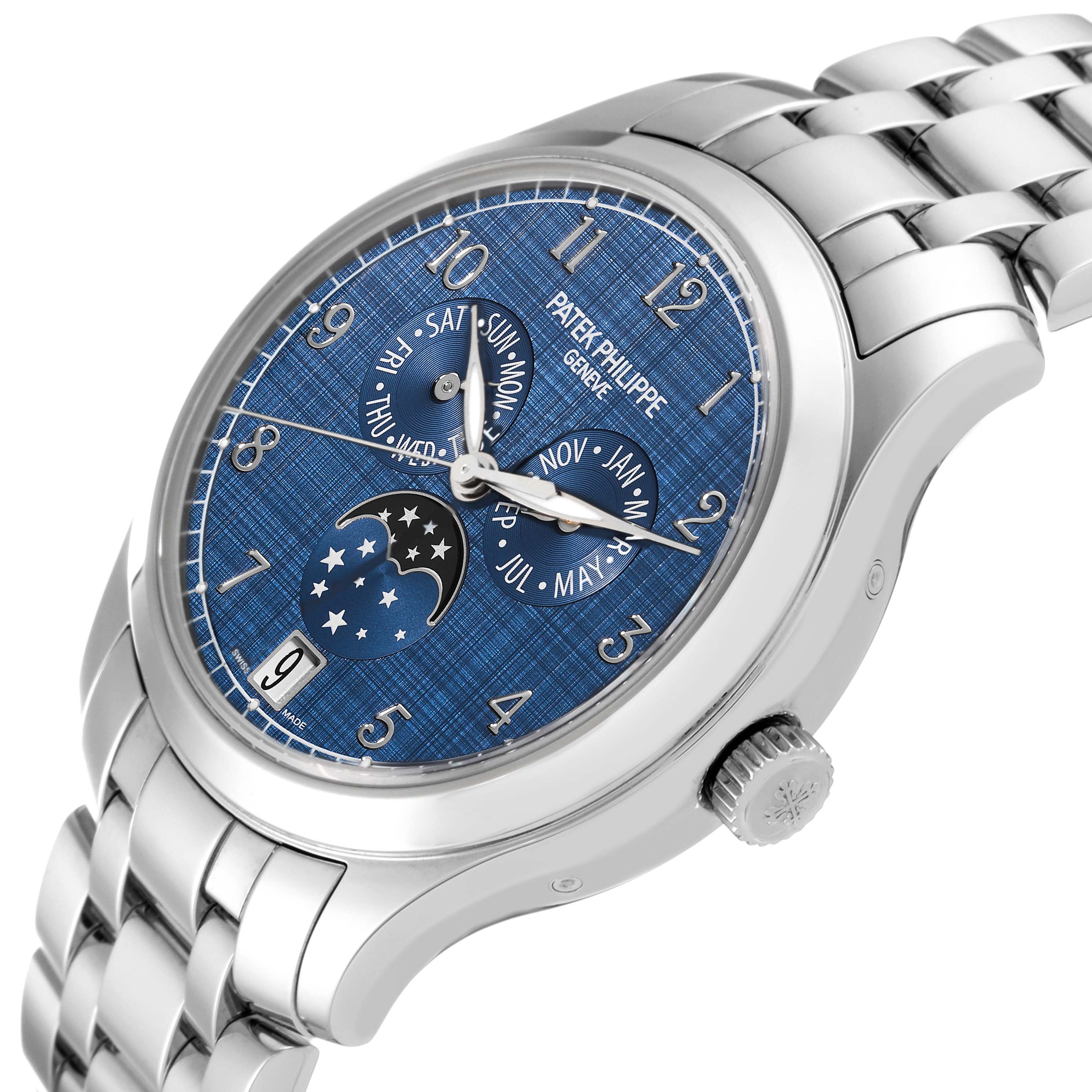 This image shows a side and slightly top view of a Patek Philippe Complications 4947/1A-001 Men's Stainless Steel Blue Dial 4947/1A-001 Men's Stainless Steel Blue Dial watch, highlighting its blue dial, moon phase, and metal bracelet.