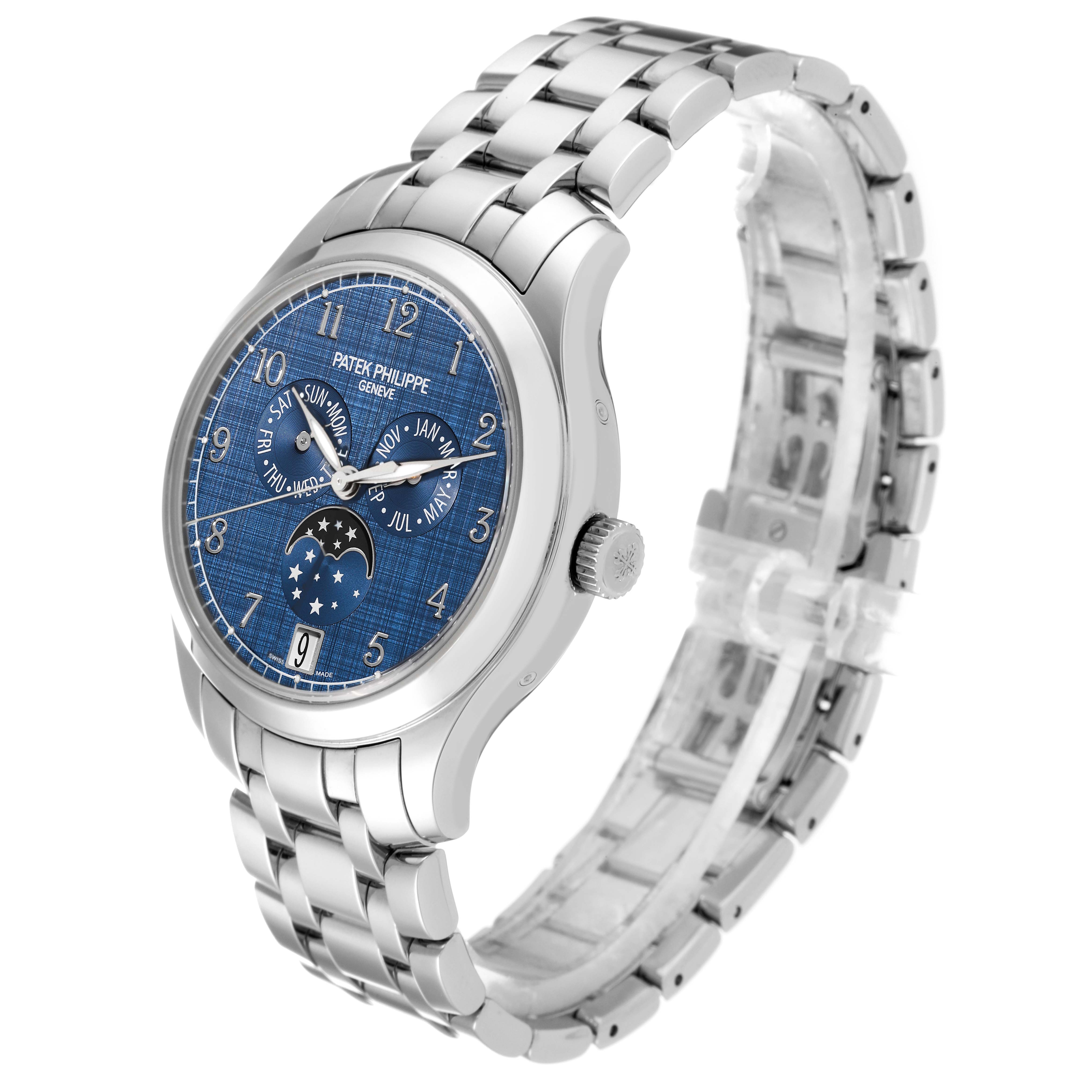 The image shows a side and angled view of the Patek Philippe Complications 4947/1A-001 Men's Stainless Steel Blue Dial 4947/1A-001 Men's Stainless Steel Blue Dial watch, highlighting its face and metal band.