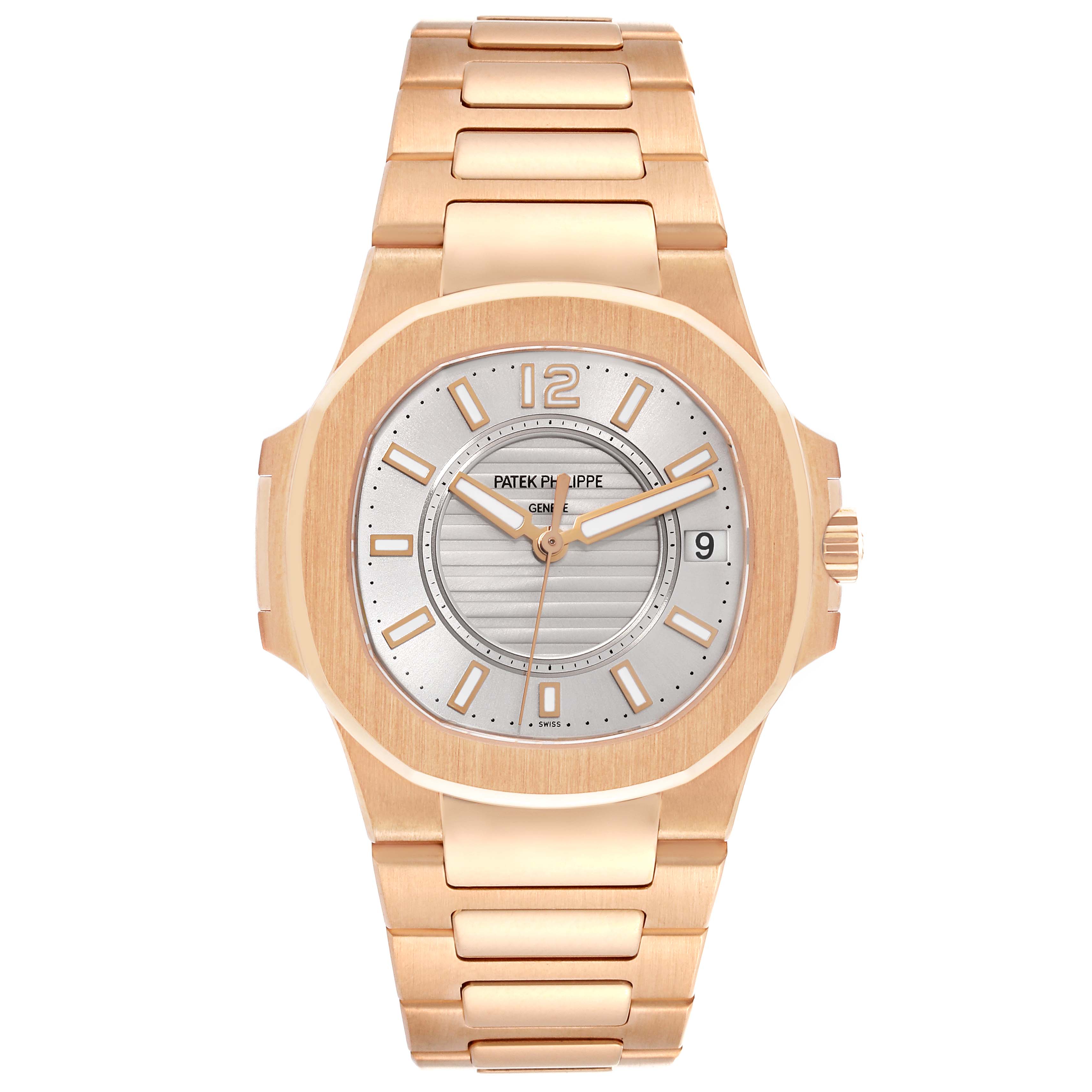 The image shows a front view of the Patek Philippe Nautilus 7011/1R-001 Women's Rose Gold Silver Dial 7011/1R-001 Women's Rose Gold Silver Dial watch, highlighting its dial, bezel, and bracelet.