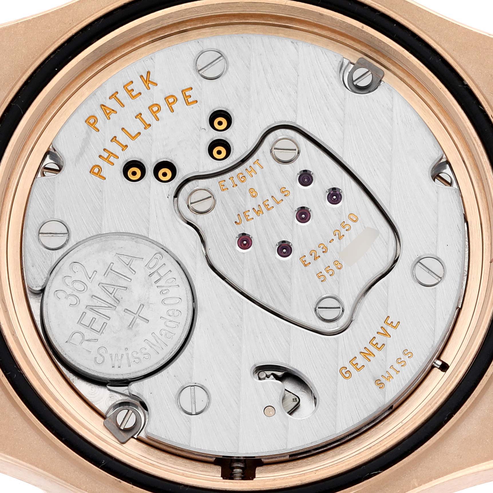 This image shows a close-up of the movement and internal components of a Patek Philippe Nautilus 7011/1R-001 Women's Rose Gold Silver Dial 7011/1R-001 Women's Rose Gold Silver Dial watch.