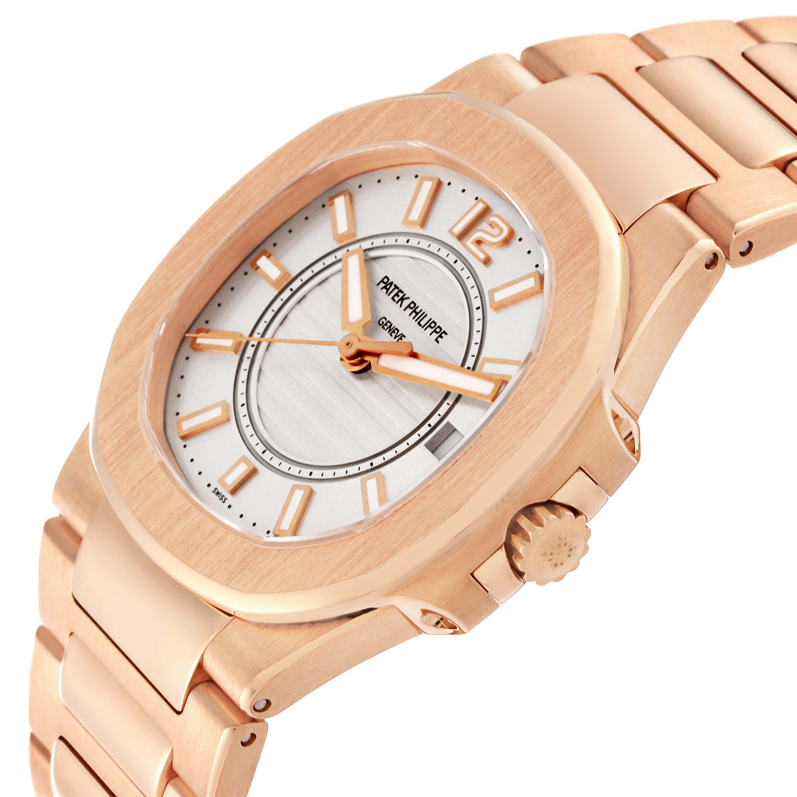The image shows a Patek Philippe Nautilus 7011/1R-001 Women's Rose Gold Silver Dial 7011/1R-001 Women's Rose Gold Silver Dial watch at an angle that highlights the dial, case, crown, and bracelet.