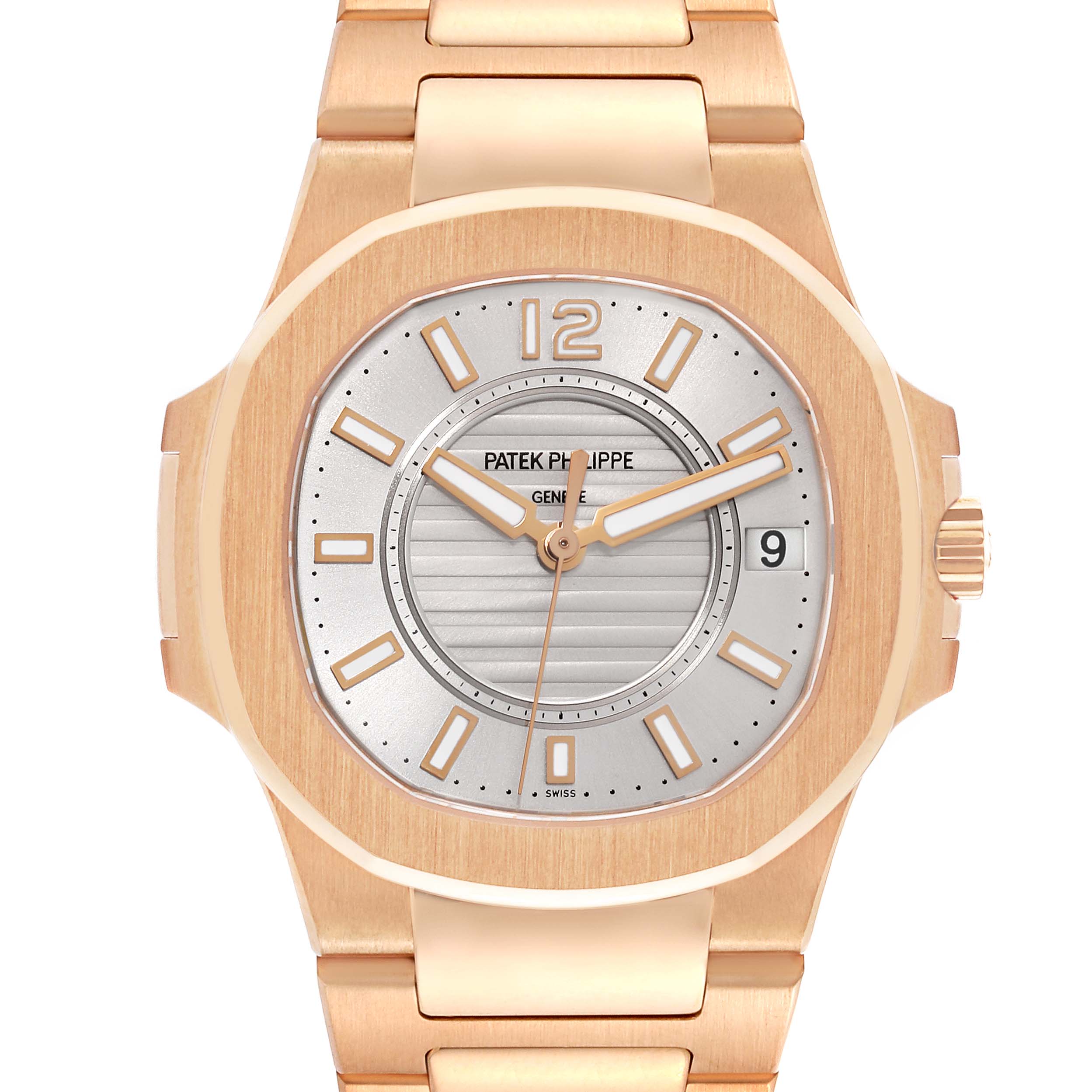 The image shows a front view of the Patek Philippe Nautilus 7011/1R-001 Women's Rose Gold Silver Dial 7011/1R-001 Women's Rose Gold Silver Dial watch, focusing on the dial, bezel, and part of the bracelet.