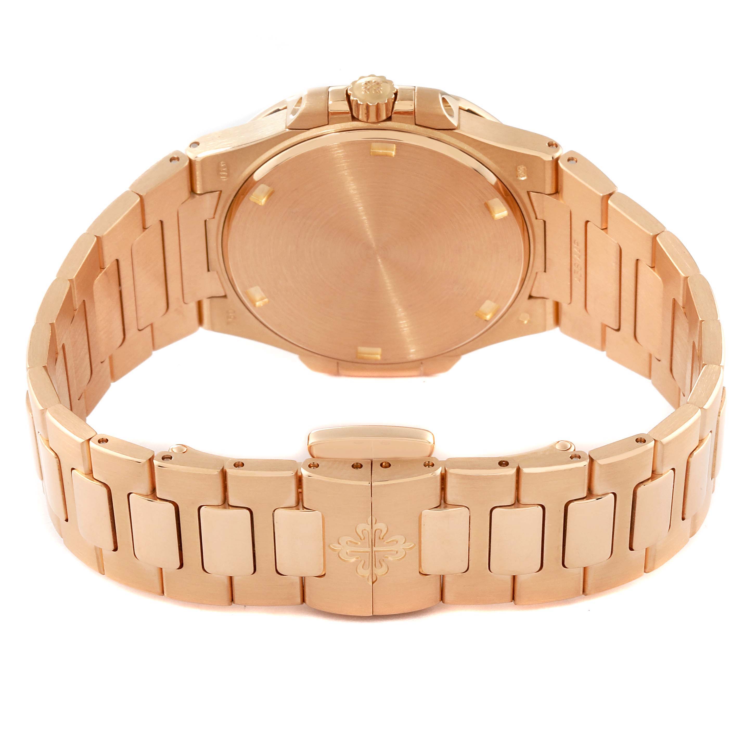 The image shows the back side of a Patek Philippe Nautilus 7011/1R-001 Women's Rose Gold Silver Dial 7011/1R-001 Women's Rose Gold Silver Dial watch, clearly displaying the case back and metal bracelet.