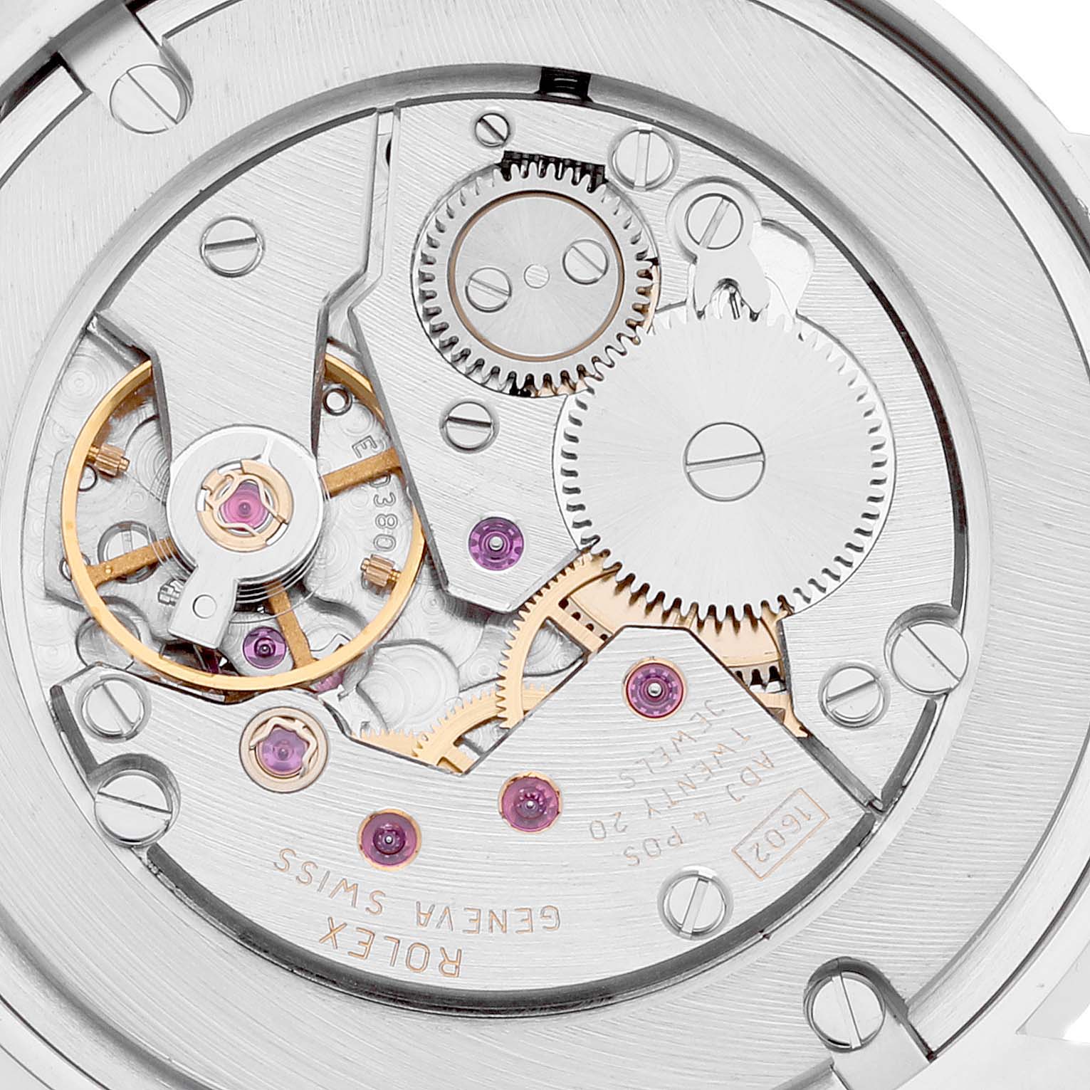 The image shows the intricate internal movement mechanism of a Rolex Cellini 5115 Men's White Gold Silver Dial 5115 Men's White Gold Silver Dial watch, viewed from a close-up angle.