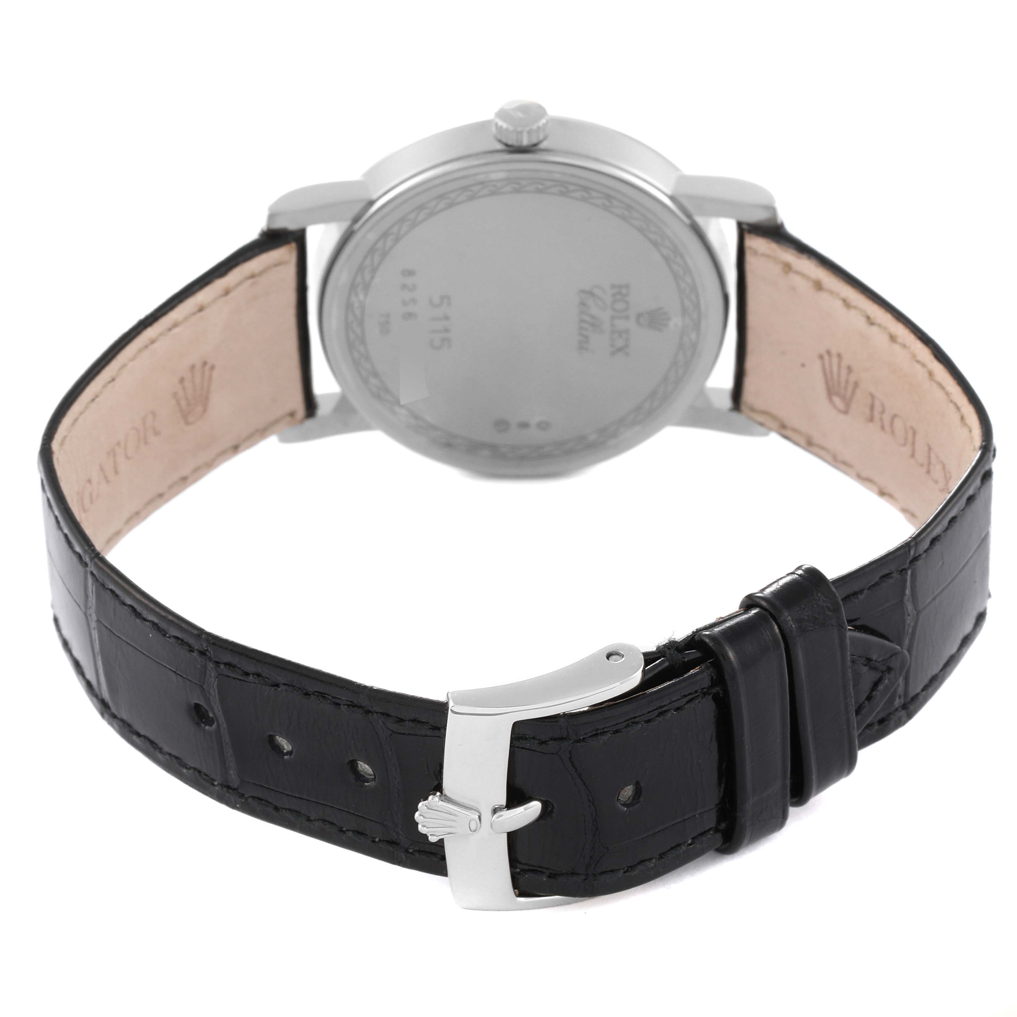 The image shows the back of a Rolex Cellini 5115 Men's White Gold Silver Dial 5115 Men's White Gold Silver Dial watch, focusing on the leather strap and buckle.