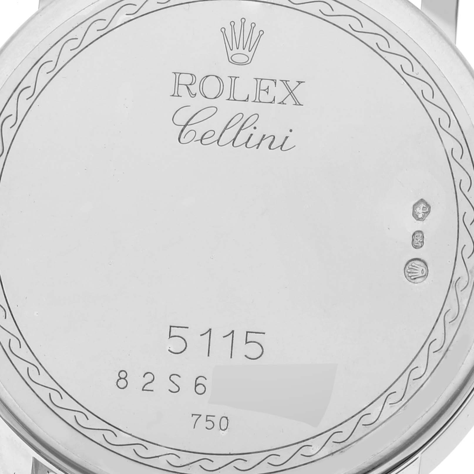 The image shows the back case of a Rolex Cellini 5115 Men's White Gold Silver Dial 5115 Men's White Gold Silver Dial watch, displaying model number 5115 and hallmarks.