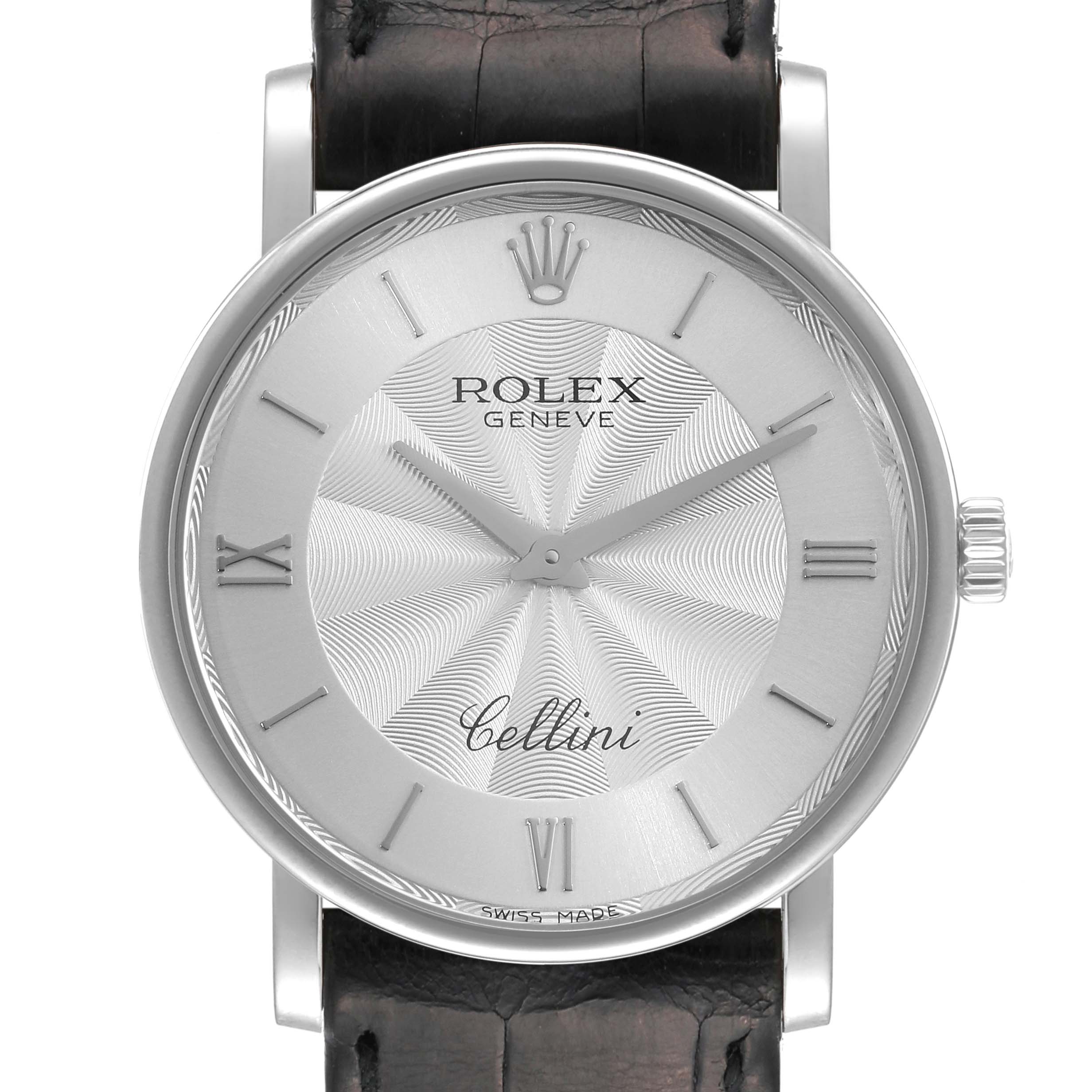 The image shows a front view of a Rolex Cellini 5115 Men's White Gold Silver Dial 5115 Men's White Gold Silver Dial watch, highlighting its dial, crown, and leather strap.