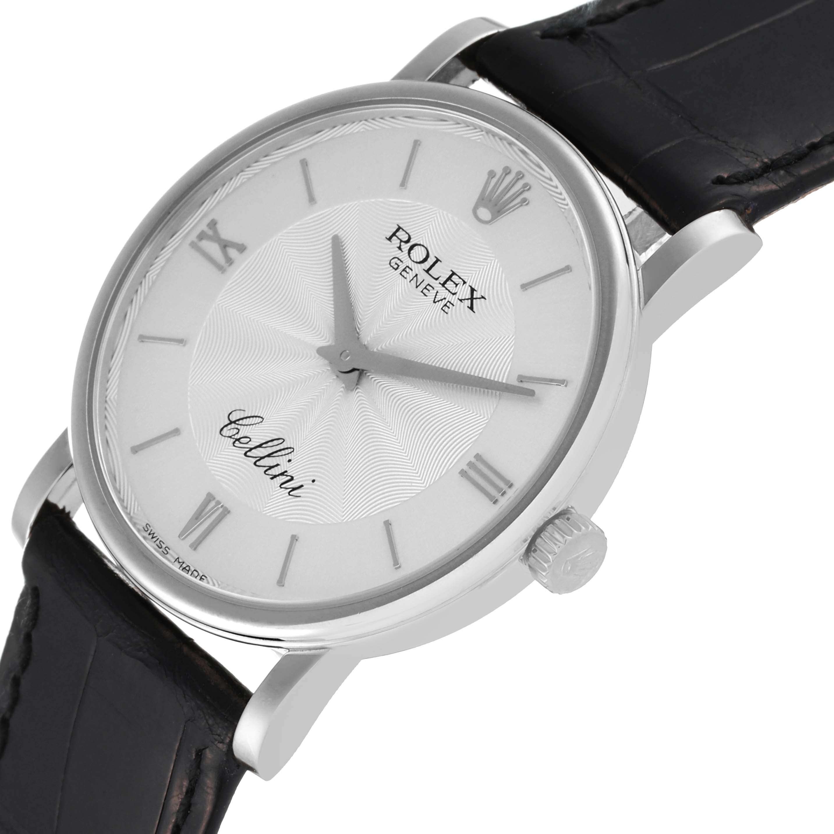 The image shows a close-up of the dial, case, leather strap, and crown of the Rolex Cellini 5115 Men's White Gold Silver Dial 5115 Men's White Gold Silver Dial watch at an angled side view.