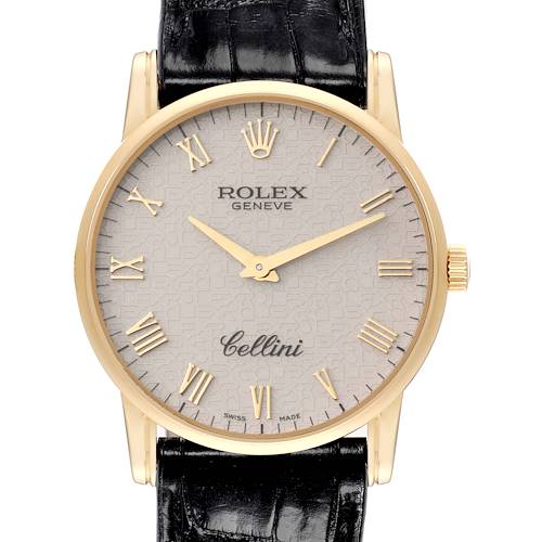 This image shows a front view of the Rolex Cellini watch featuring its dial, bezel, crown, and leather strap.