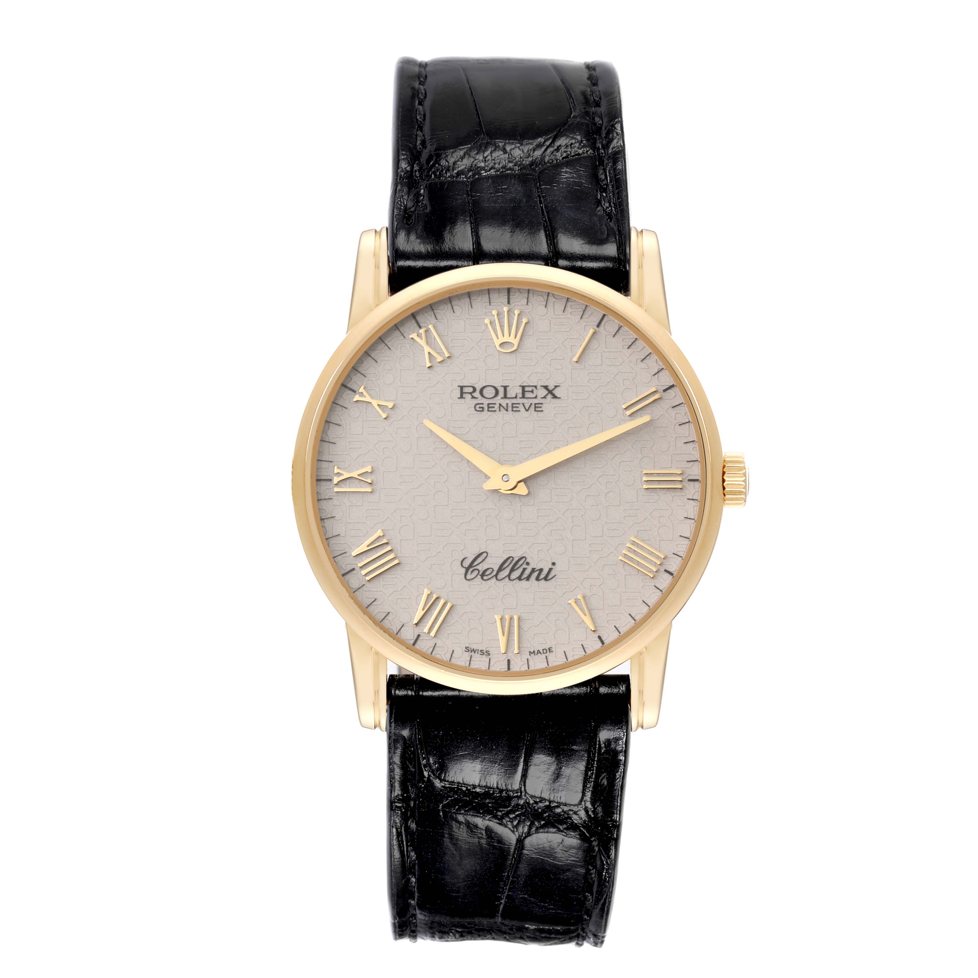 The image shows a frontal view of a Rolex Cellini 5116/8 Men's Yellow Gold Silver Dial 5116/8 Men's Yellow Gold Silver Dial watch, highlighting its face, gold casing, and black leather strap.