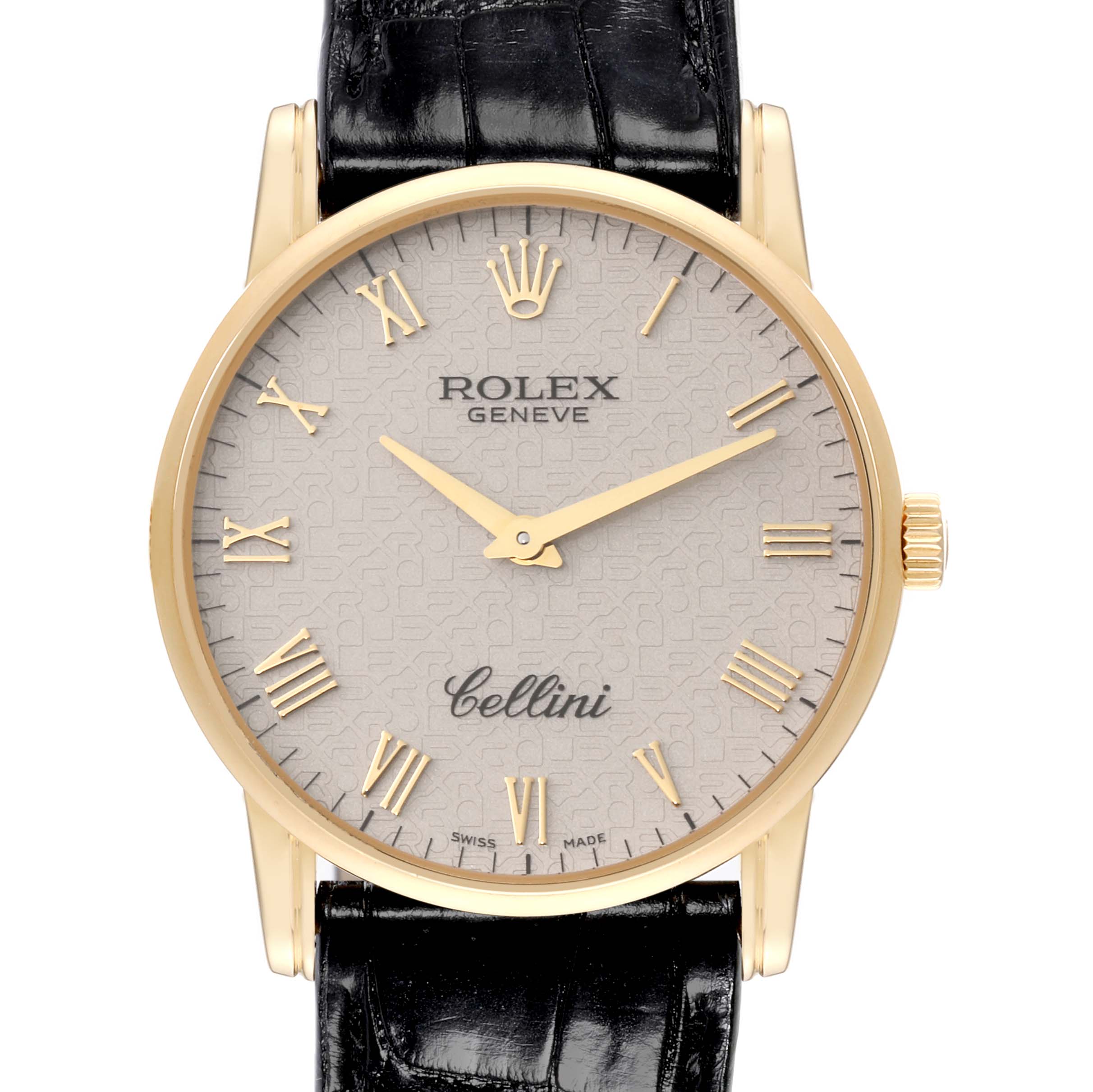 The image shows a front view of a Rolex Cellini 5116/8 Men's Yellow Gold Silver Dial 5116/8 Men's Yellow Gold Silver Dial watch, including the face, hands, crown, and part of the black leather strap.