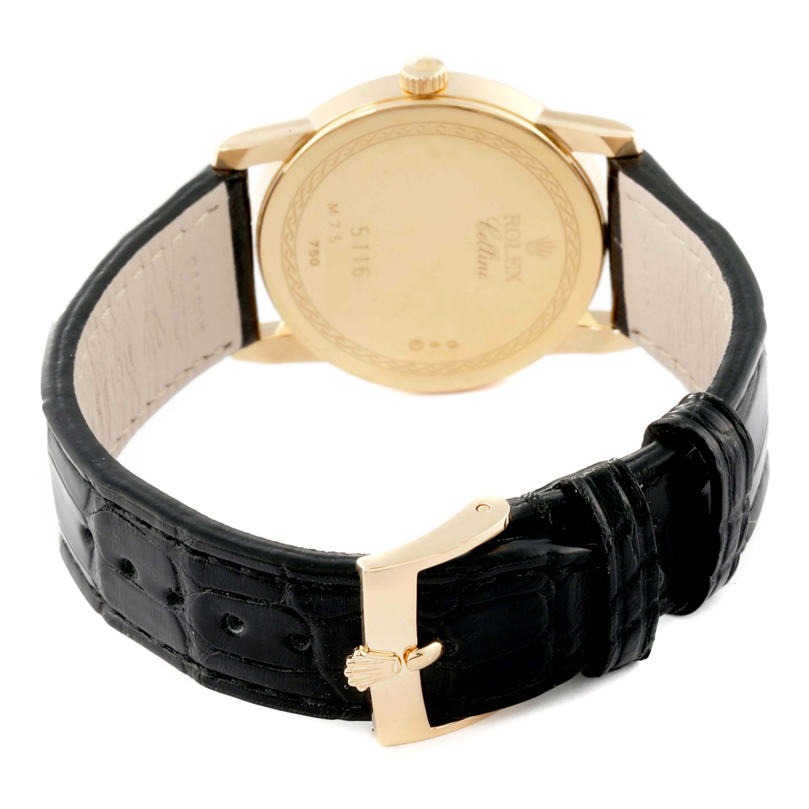The image shows the back view of a Rolex Cellini 5116/8 Men's Yellow Gold Silver Dial 5116/8 Men's Yellow Gold Silver Dial model, focusing on the case and black leather strap with a clasp.