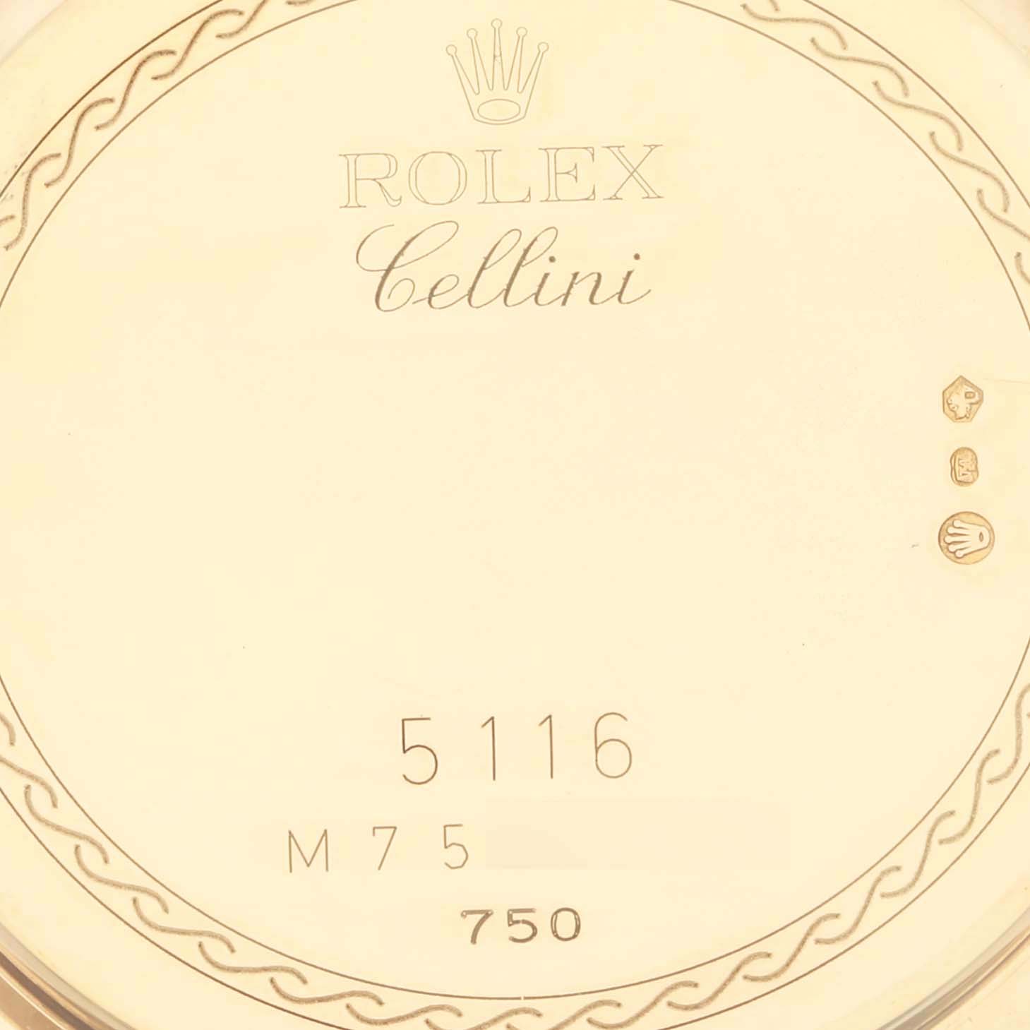 The image shows the back casing of a Rolex Cellini 5116/8 Men's Yellow Gold Silver Dial 5116/8 Men's Yellow Gold Silver Dial model watch, featuring the logo, model number 5116, and hallmark stamps.