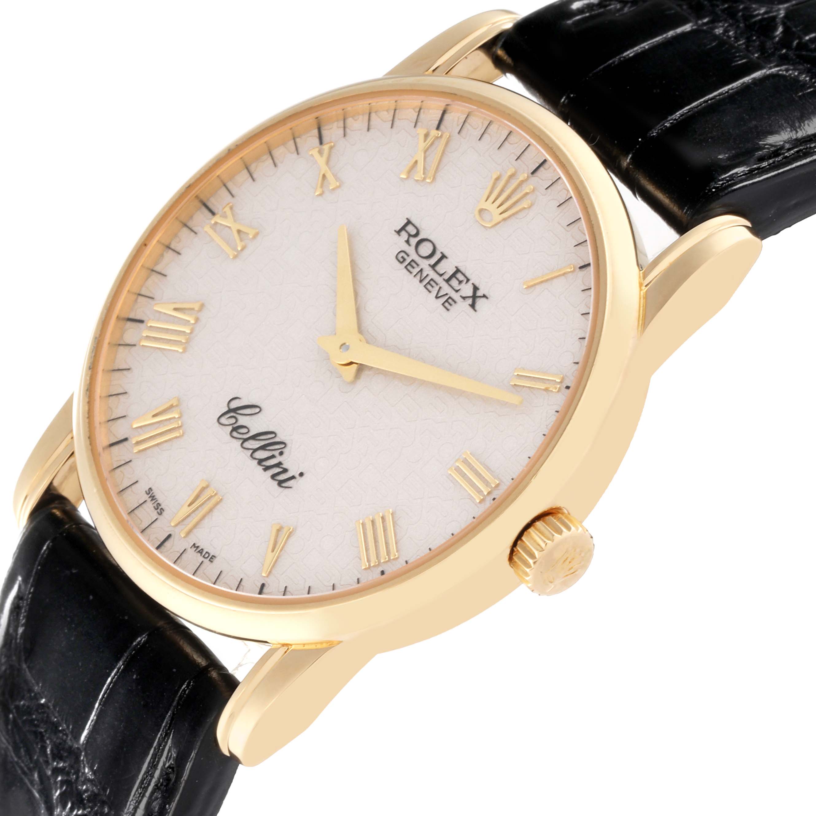 This image shows a Rolex Cellini 5116/8 Men's Yellow Gold Silver Dial 5116/8 Men's Yellow Gold Silver Dial watch at an oblique angle, highlighting the face, crown, and leather strap.