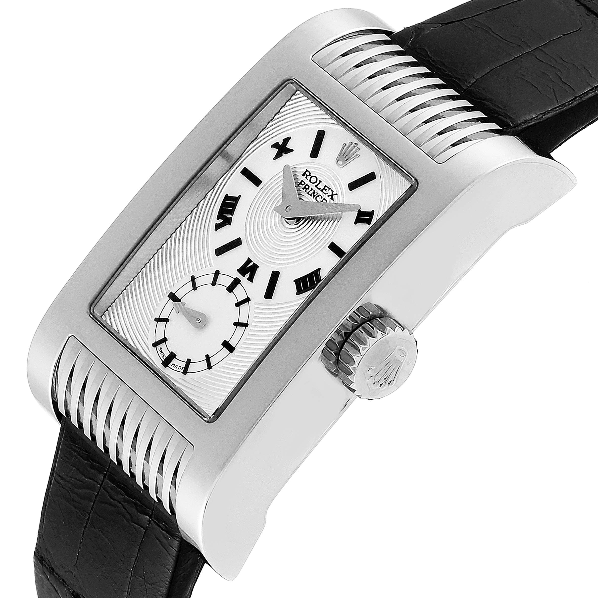 The Rolex Cellini 5441/9 Men's White Gold Silver Dial 5441/9 Men's White Gold Silver Dial watch is shown at an angle displaying the watch face, crown, and black leather strap.
