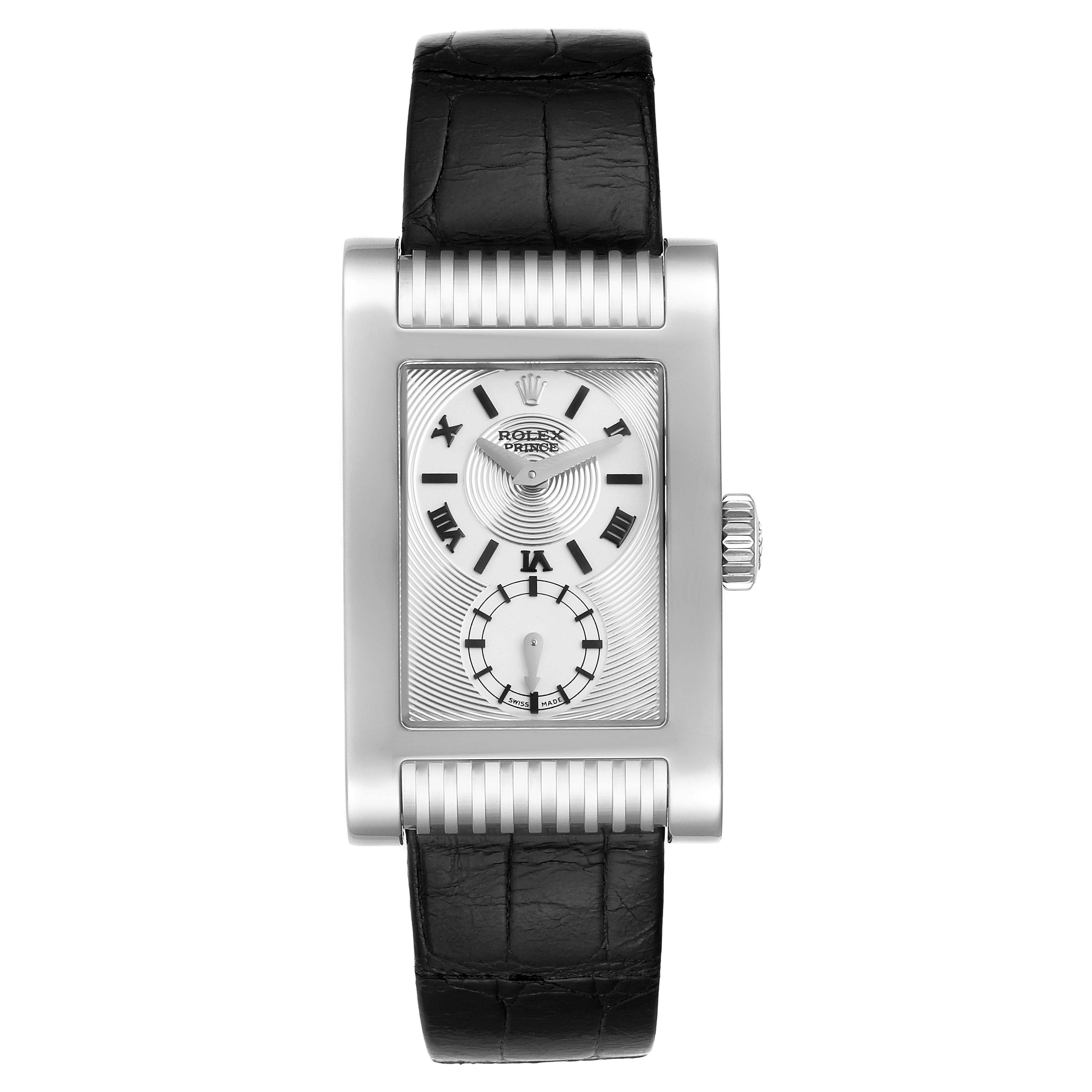 The image shows a front view of the Rolex Cellini 5441/9 Men's White Gold Silver Dial 5441/9 Men's White Gold Silver Dial model watch with a silver rectangular face and black leather strap.