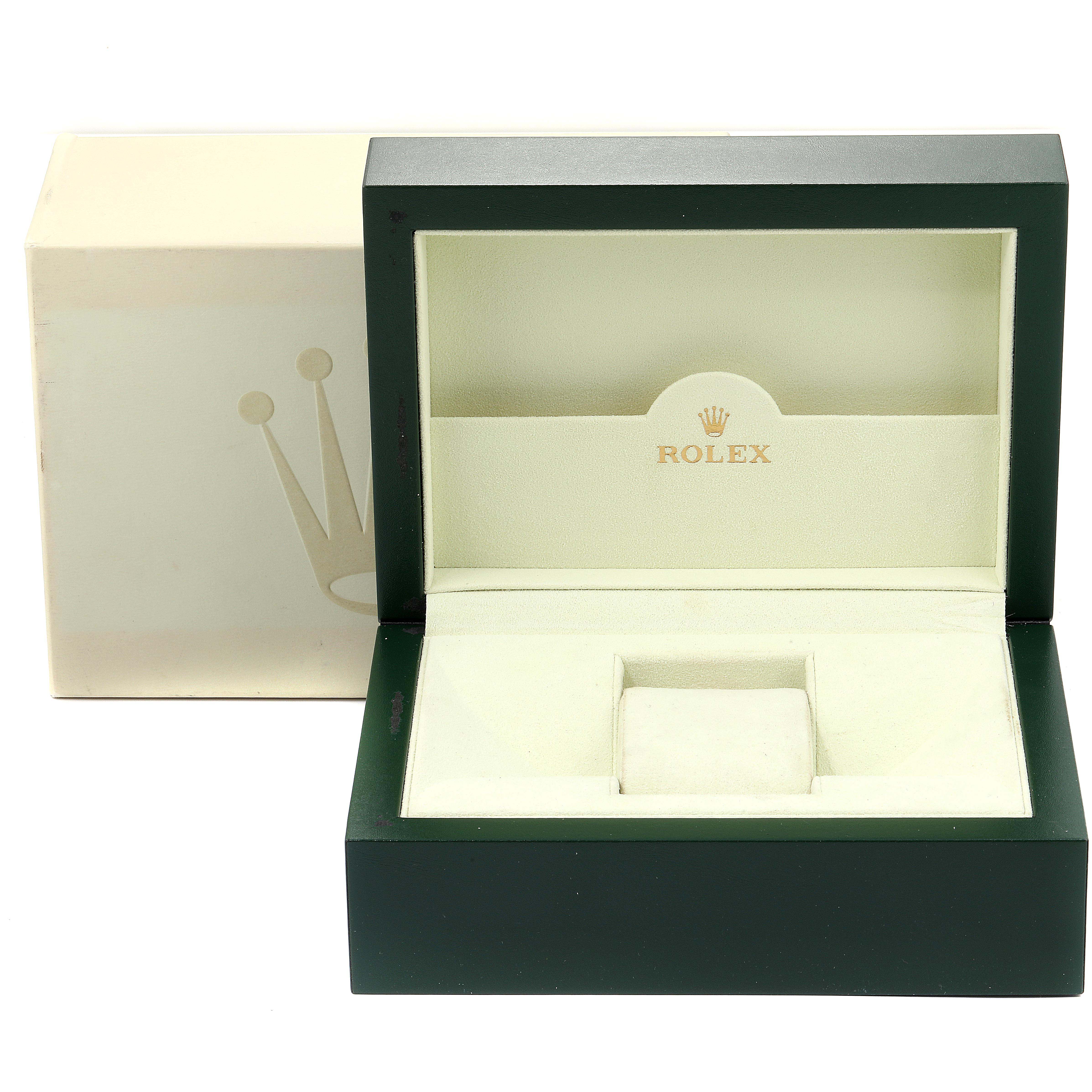 The image shows an open Rolex Cellini 5441/9 Men's White Gold Silver Dial 5441/9 Men's White Gold Silver Dial watch box with its outer cardboard box in the background.